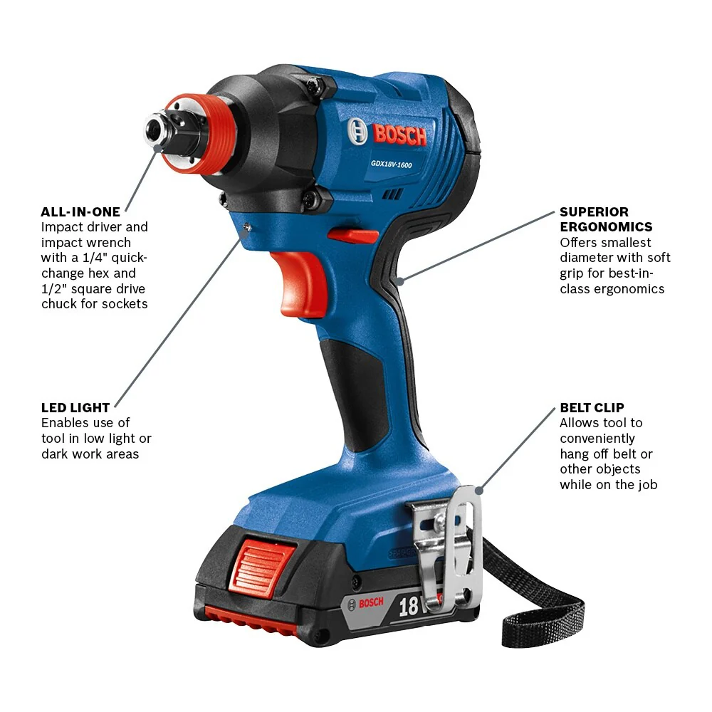 Bosch Freak 18-Volt 1/4-in & 1/2-in Two-in-One Cordless Impact Driver Kit (1 Battery, Charger, Bag) - Image 2