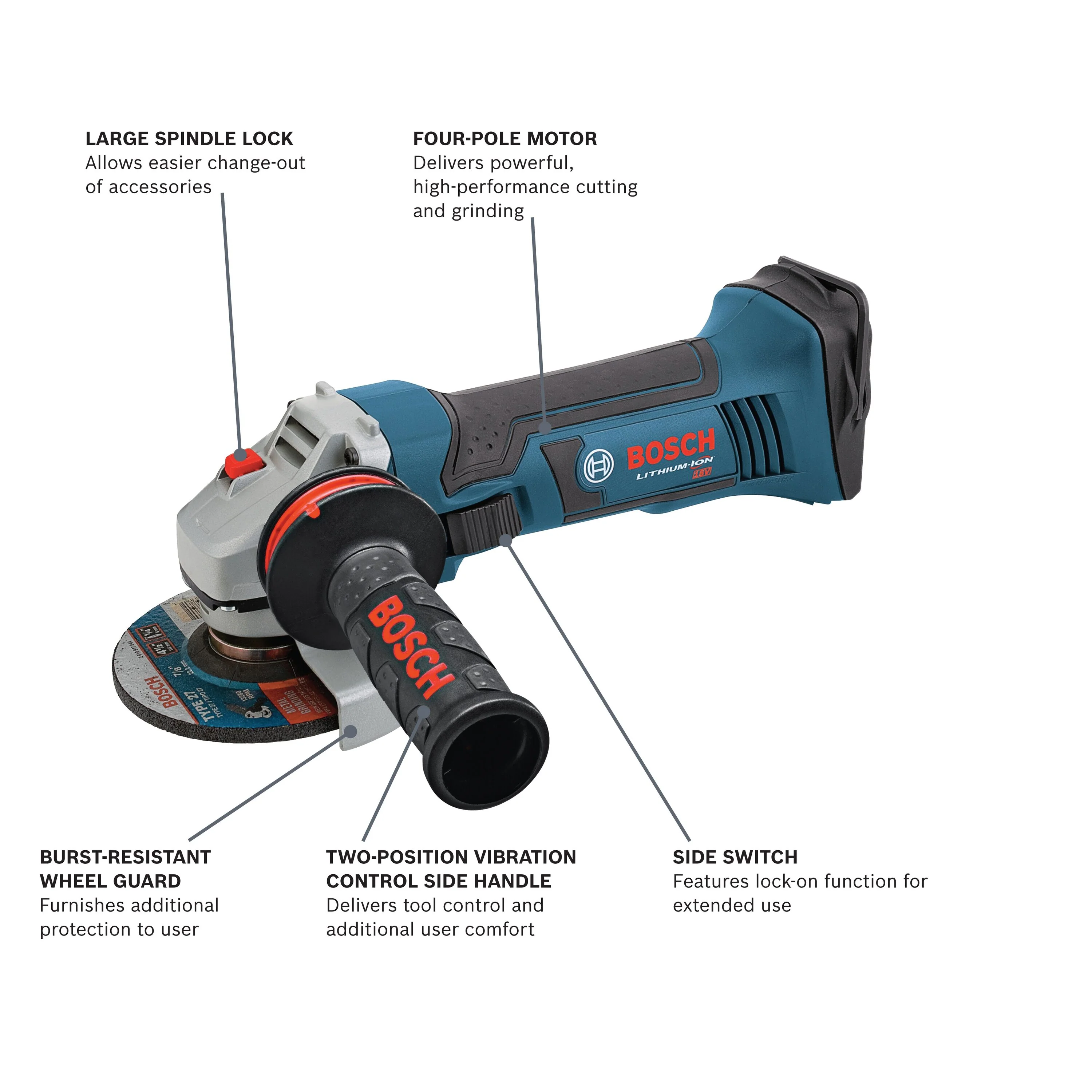 Bosch GWS18V-45 4.5-in 18-Volt Sliding Switch Cordless Angle Grinder (Tool Only) - Image 2