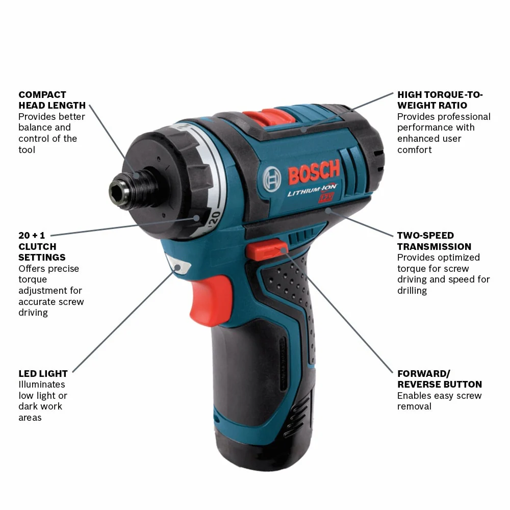 Bosch PS21-2A 12V Max 1/4-in Hex Cordless Drill/Driver Kit with Charger and 2 Batteries - Image 2