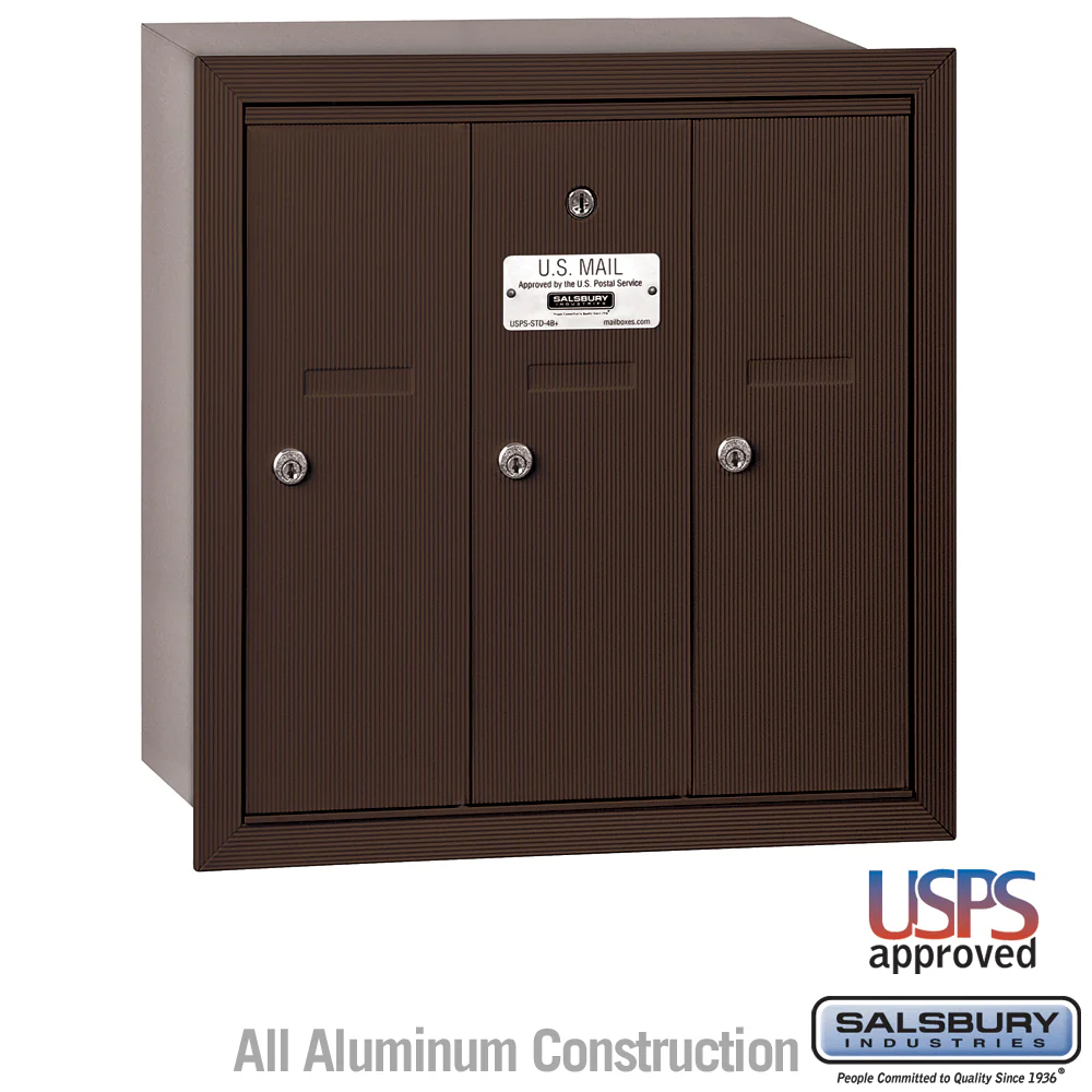Bronze 3-Door Vertical Mailbox - Recessed Mounted - USPS Approved
