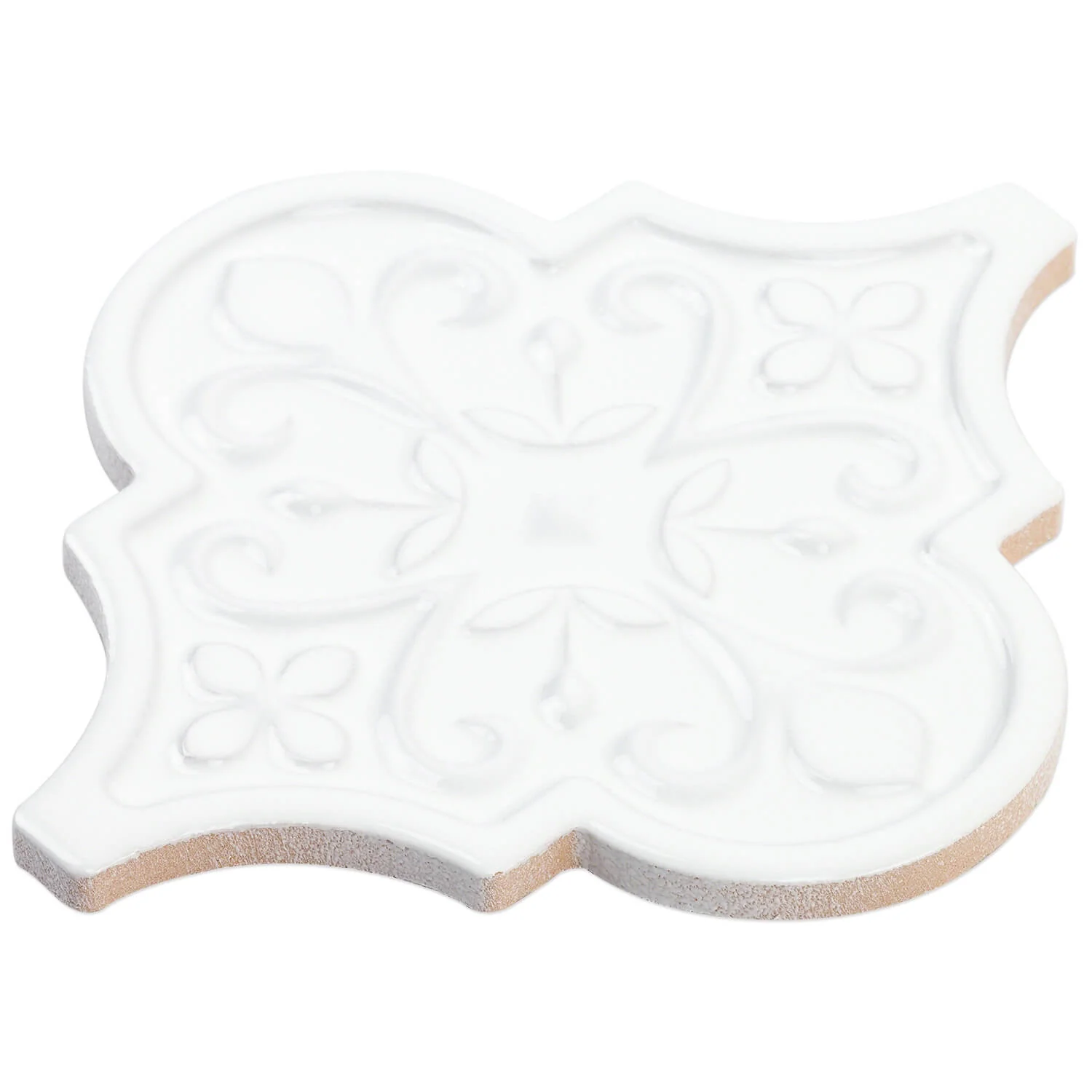Byzantine Florid Bianco White 6x7 Arabesque Polished Ceramic Wall Tile - Image 4