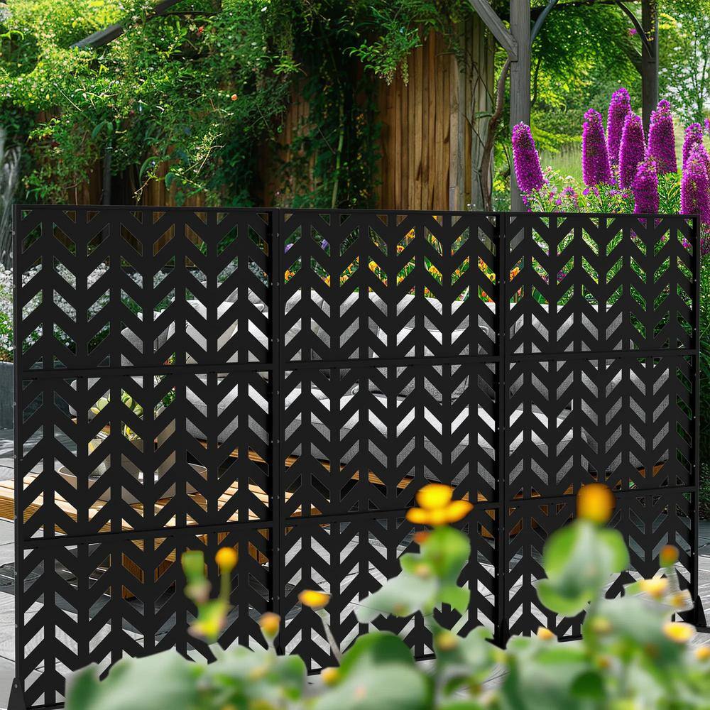 Cadeninc Metal Freestanding Privacy Fence Panel - Fishbone Pattern, Black | 3.92 ft x 6 ft - Image 5