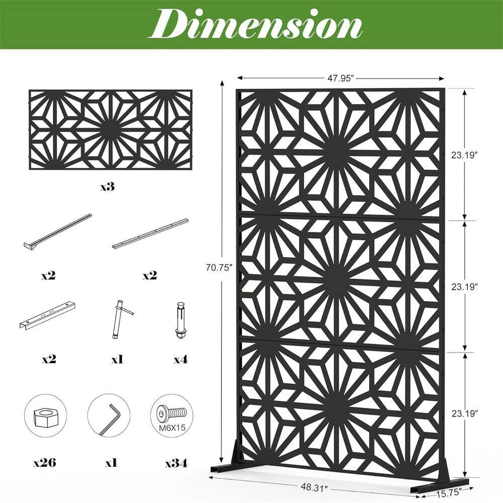 Cadeninc Outdoor-Indoor Freestanding Steel Privacy Screen Fence Panels, Black - Image 2