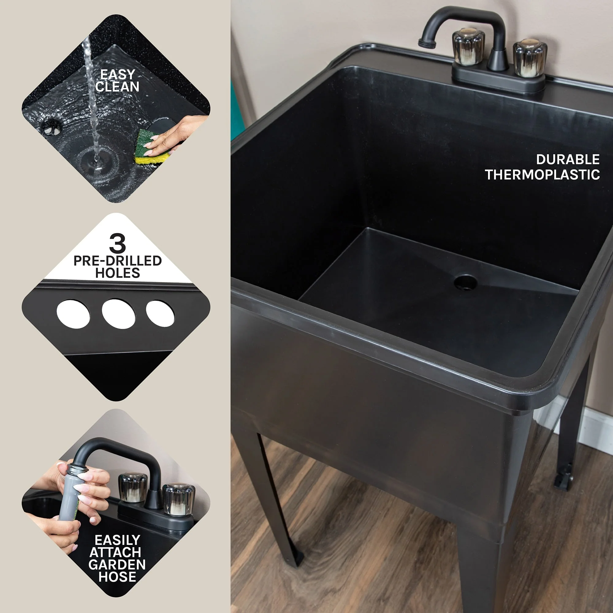Cambridge Resources 1-Basin Black Freestanding Utility Tub with Drain and Faucet - Image 6