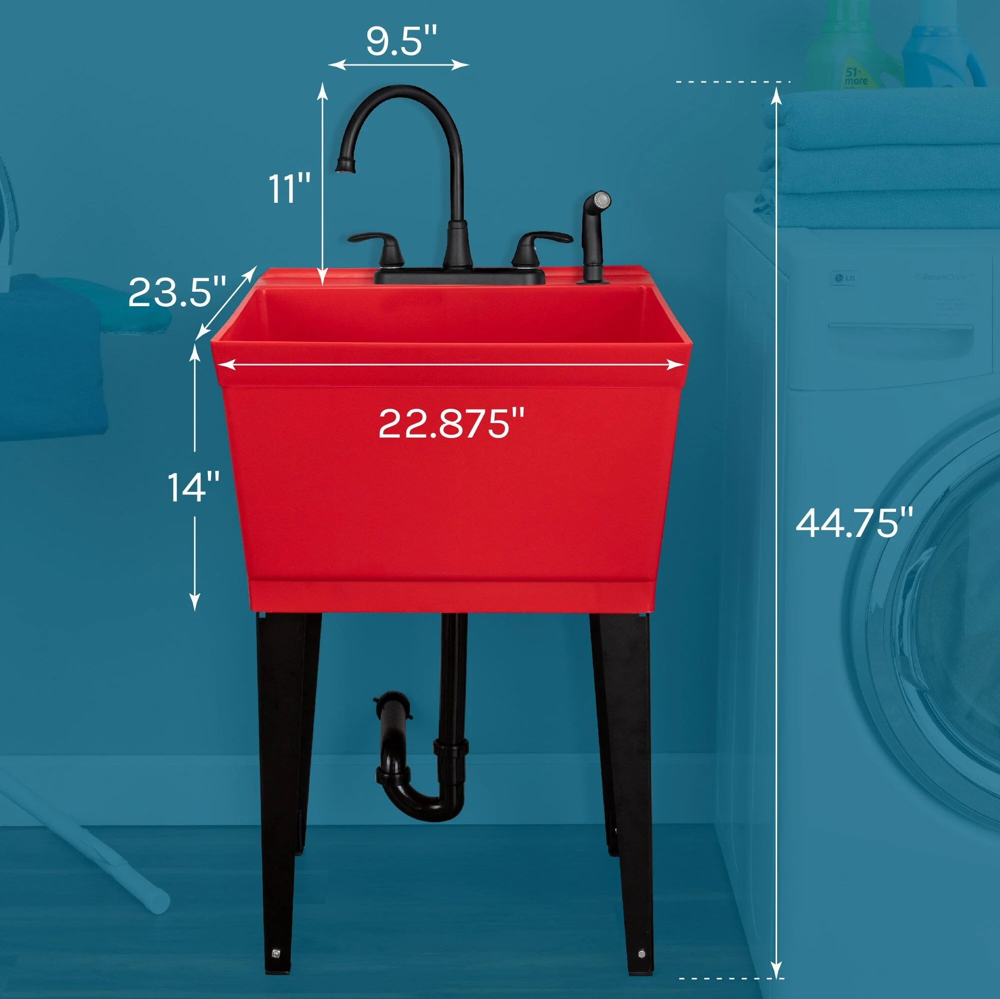 Cambridge Resources 1-Basin Freestanding Utility Tub with Faucet - Red - Image 12