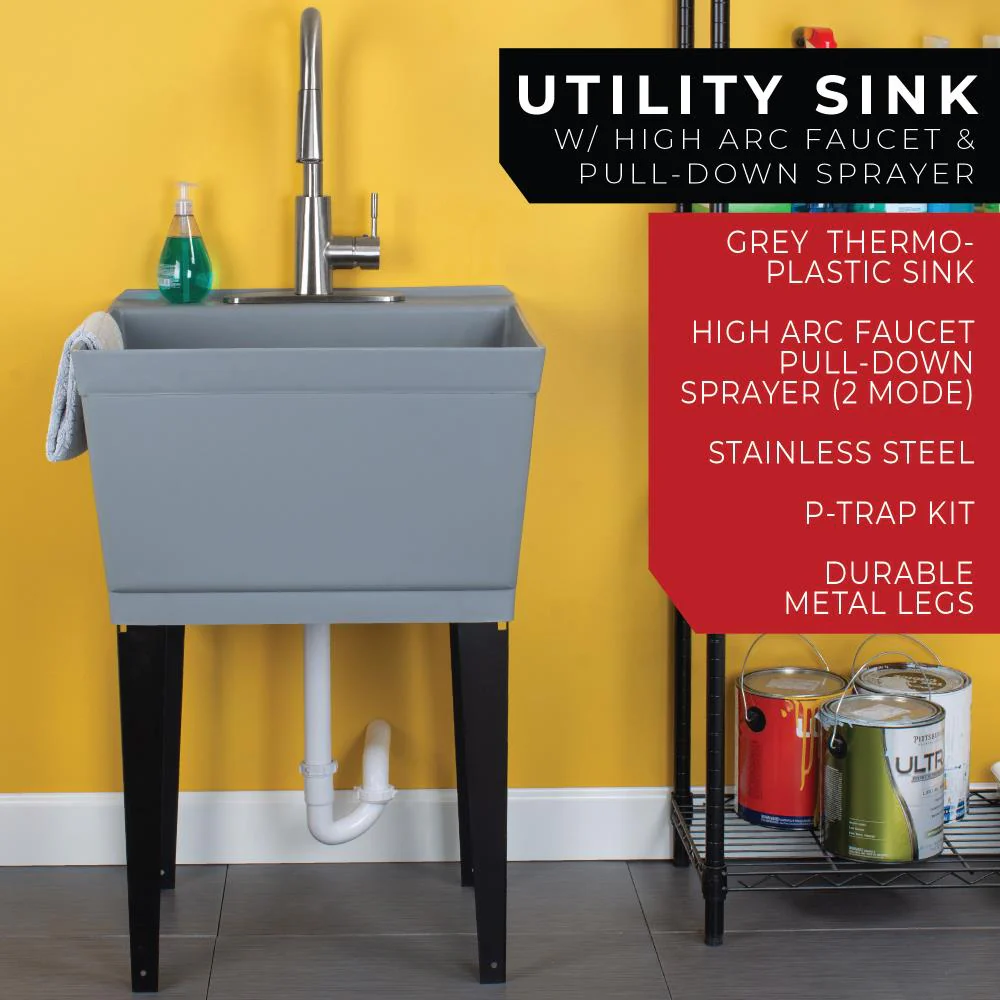 Cambridge Resources Freestanding Utility Tub with High-Arc Faucet - Gray - Image 3