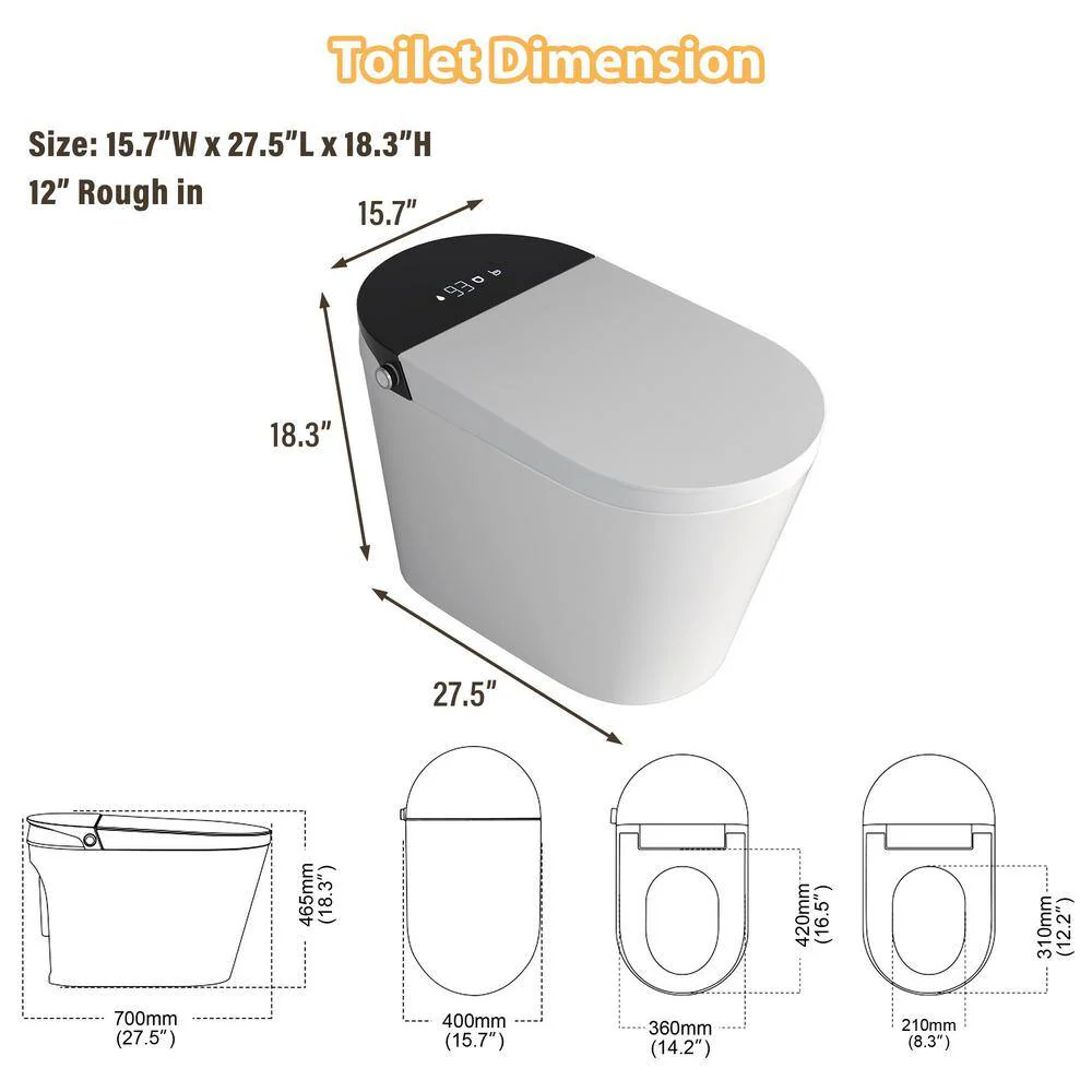 CASAINC Elongated Electric Smart Bidet Toilet with Auto Open, LED Display, and Warm Water Wash - Image 5
