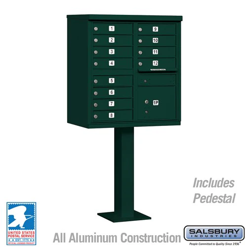 Cluster Box Unit with 12 Doors and Parcel Locker in Green with USPS Access