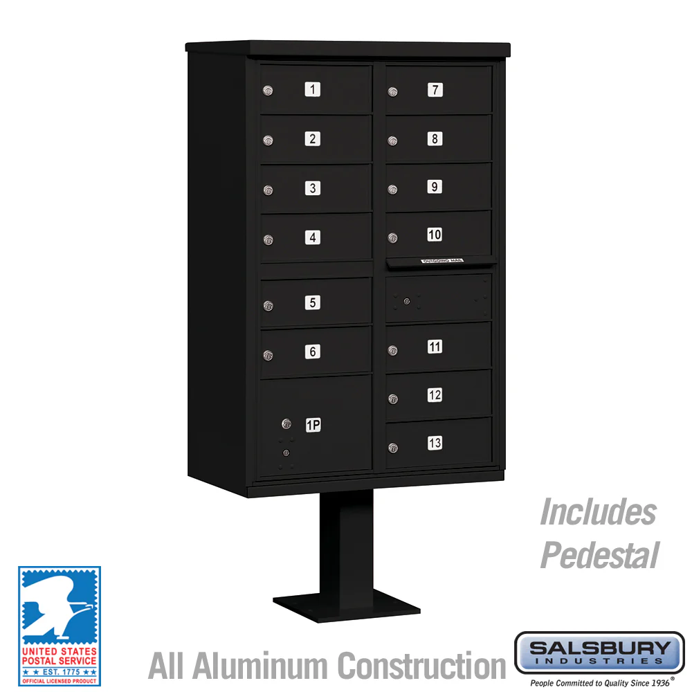 Cluster Box Unit with 13 Doors and Parcel Locker in Black with USPS Access