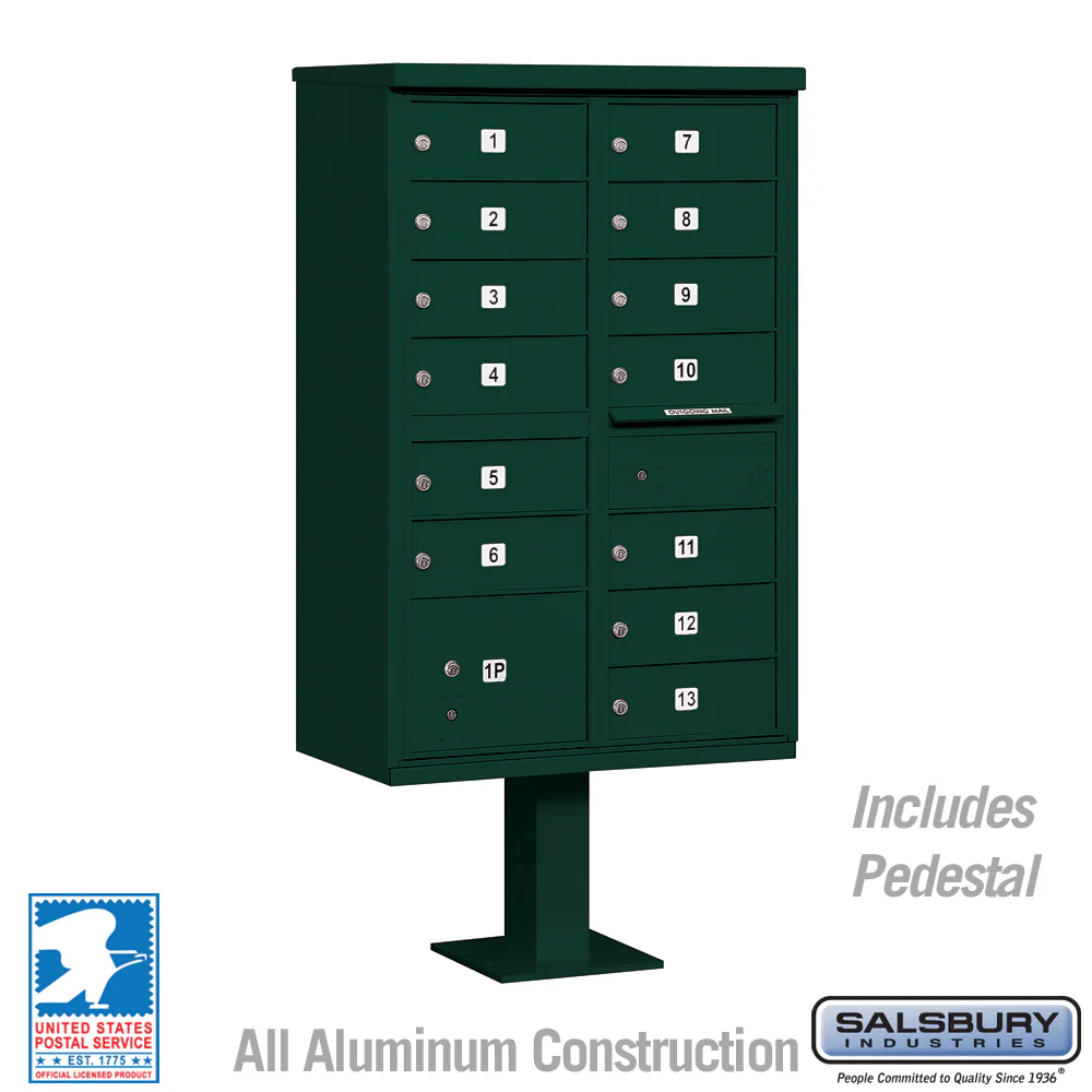 Cluster Box Unit with 13 Doors and Parcel Locker in Green with USPS Access