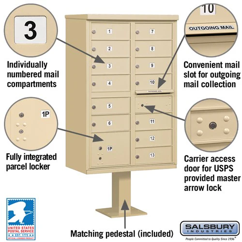 Cluster Box Unit with 13 Doors and Parcel Locker in Sandstone with USPS Access - Image 2