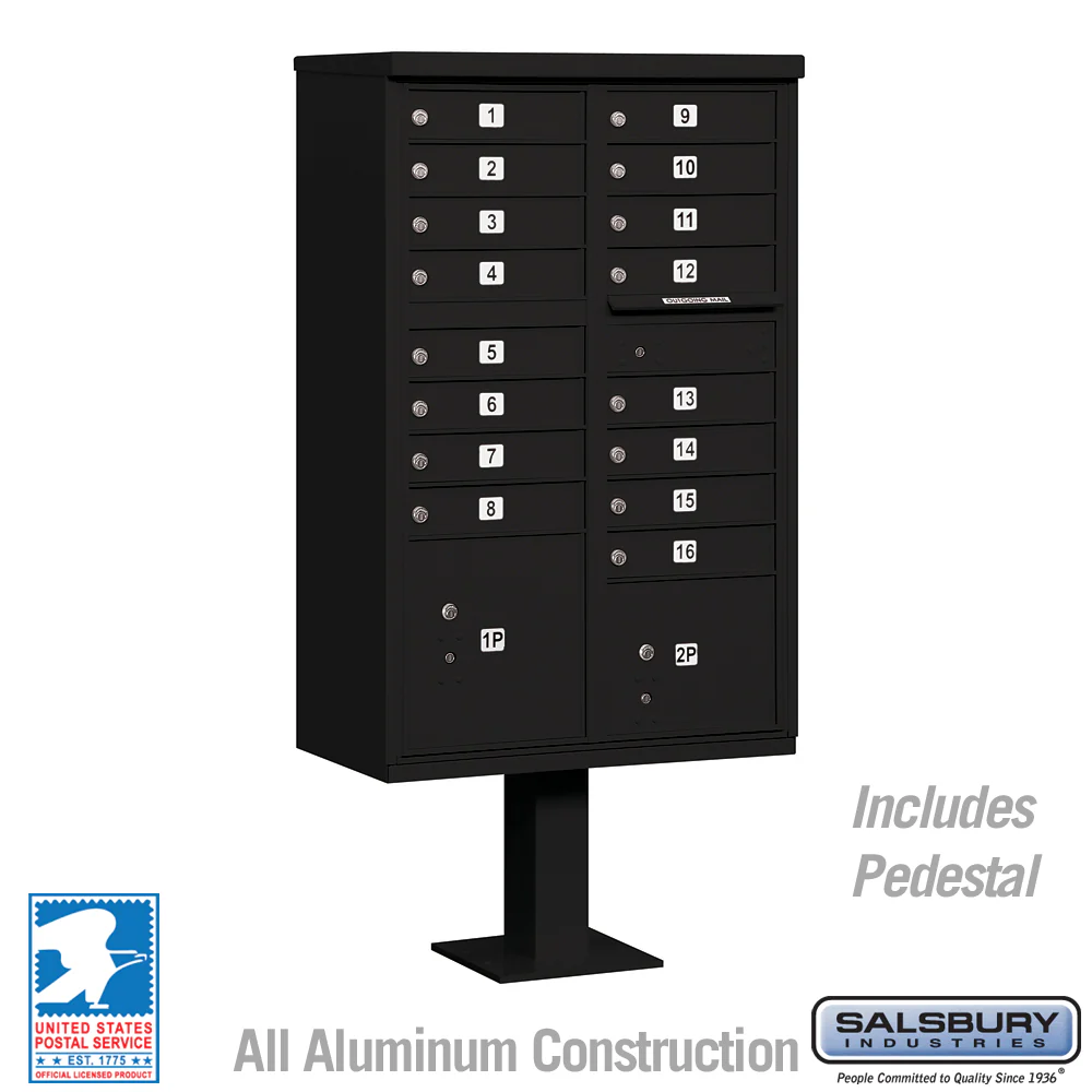 Cluster Box Unit with 16 Doors and 2 Parcel Lockers in Black with USPS Access