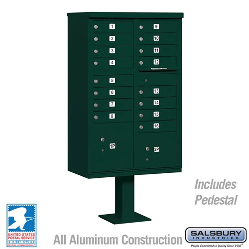 Cluster Box Unit with 16 Doors and 2 Parcel Lockers in Green with USPS Access