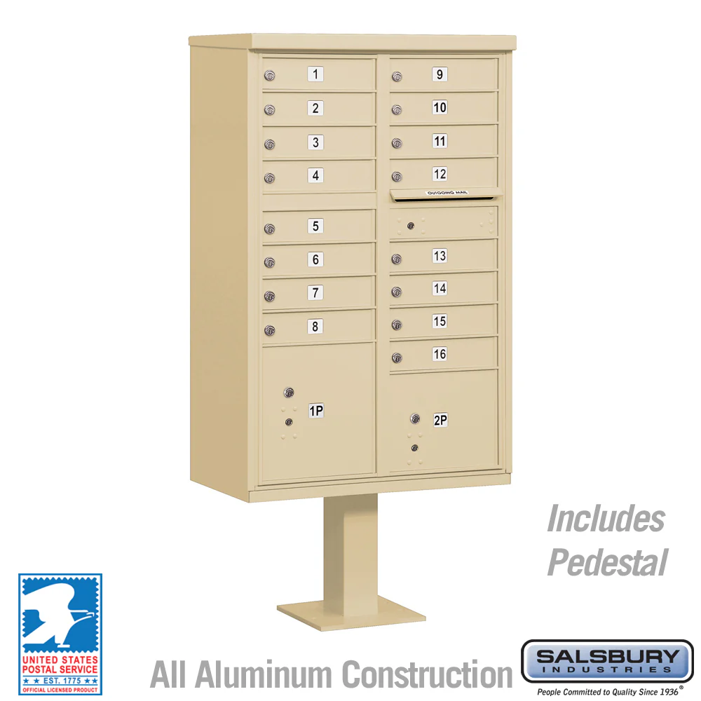 Cluster Box Unit with 16 Doors and 2 Parcel Lockers in Sandstone with USPS Access