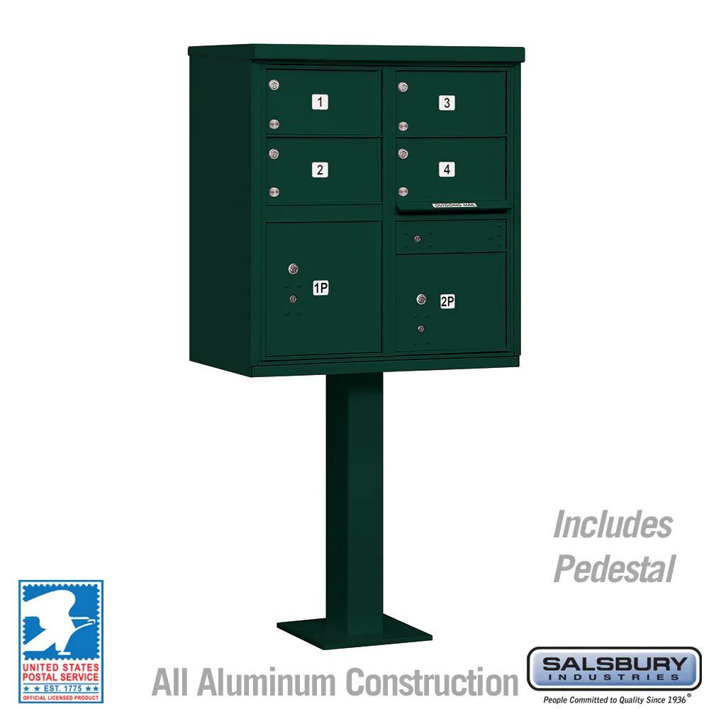 Cluster Box Unit with 4 Doors and 2 Parcel Lockers in Green with USPS Access