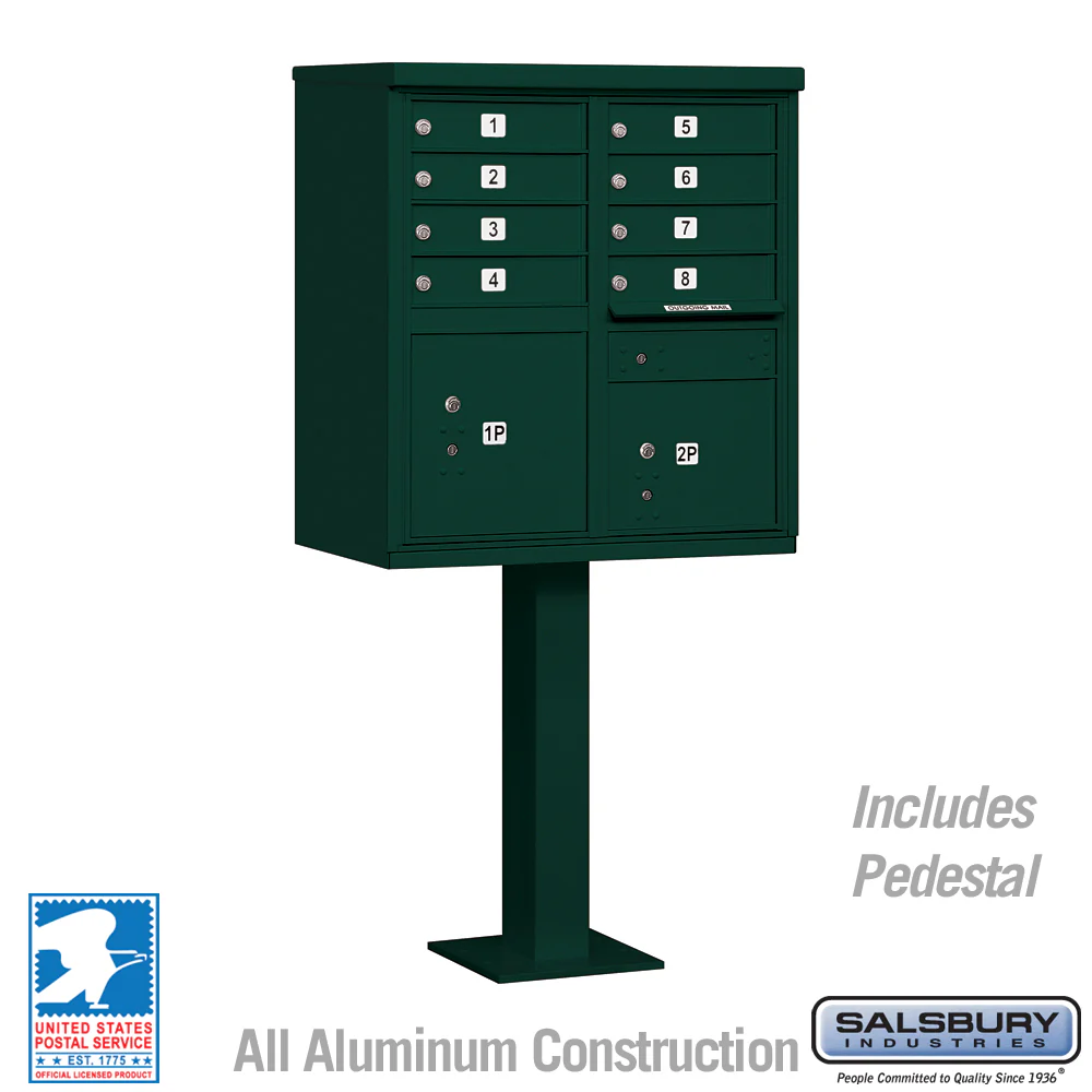 Cluster Box Unit with 8 Doors and 2 Parcel Lockers in Green with USPS Access