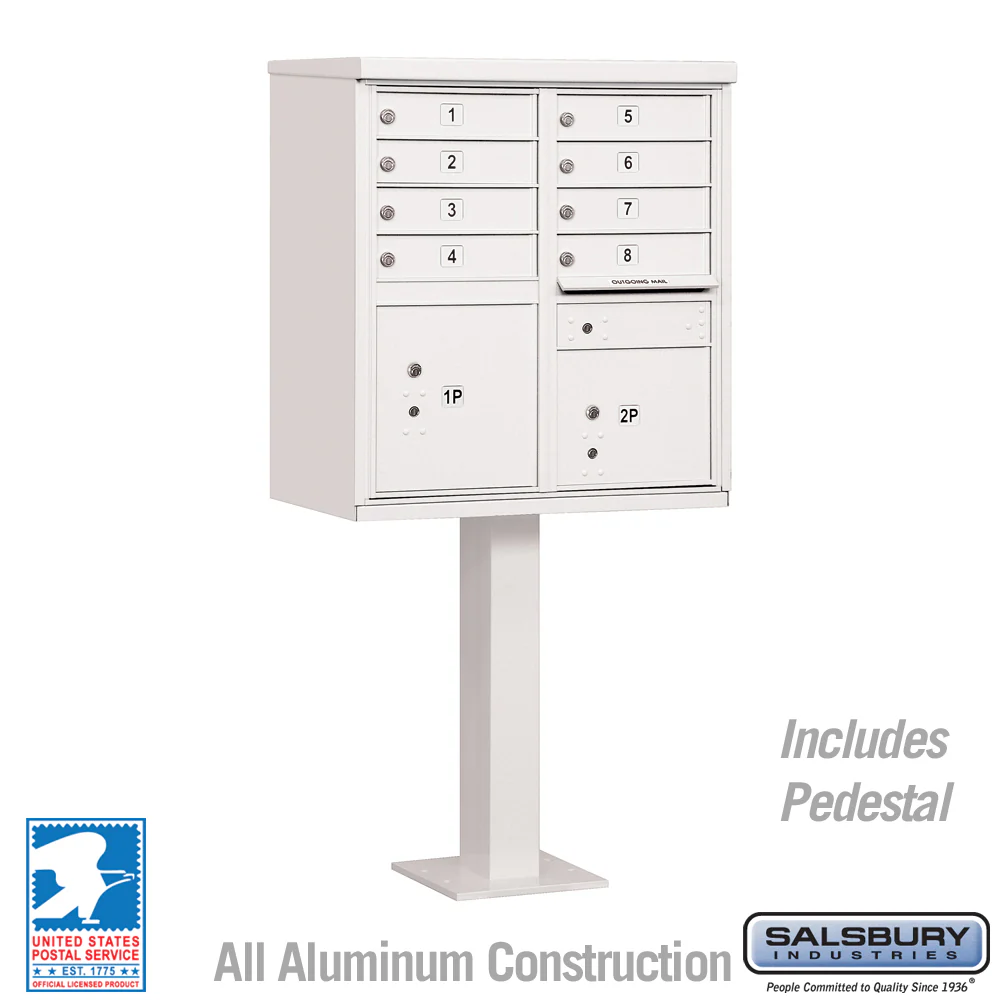 Cluster Box Unit with 8 Doors and 2 Parcel Lockers in White with USPS Access