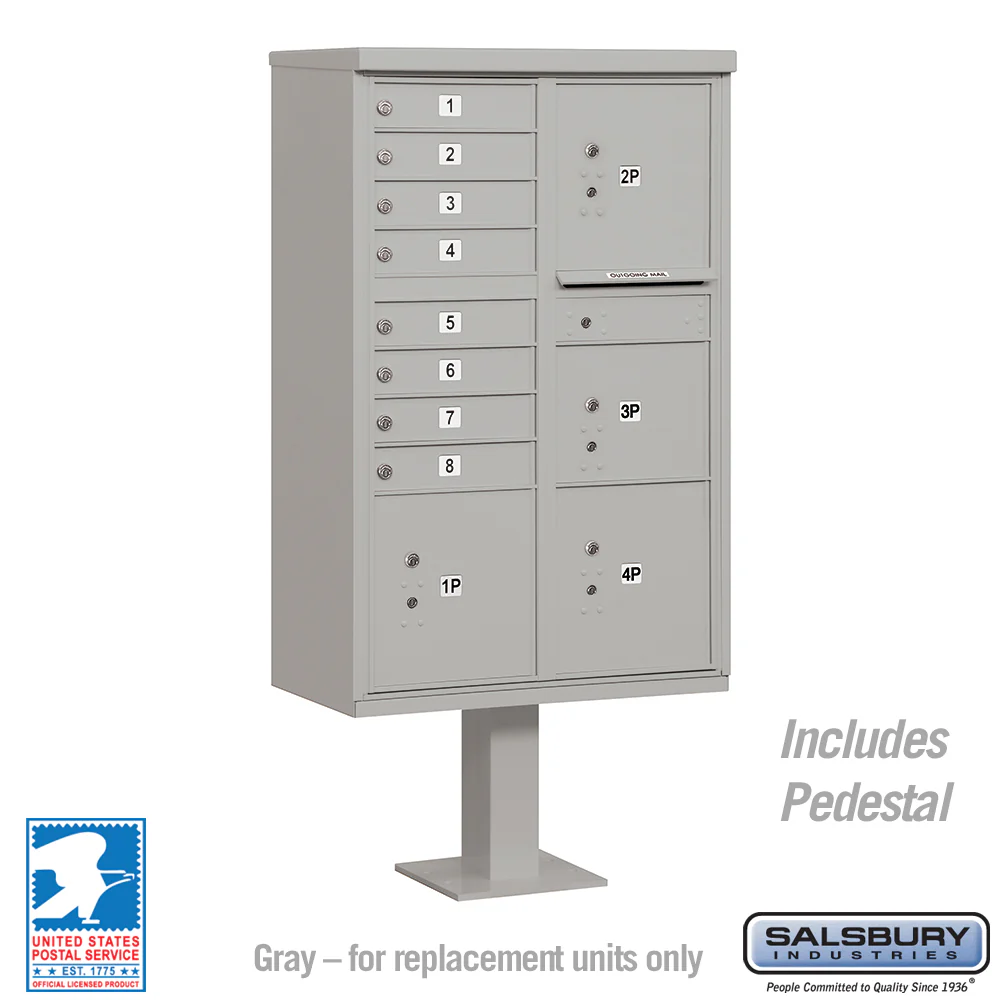 Cluster Box Unit with 8 Doors and 4 Parcel Lockers in Gray with USPS Access