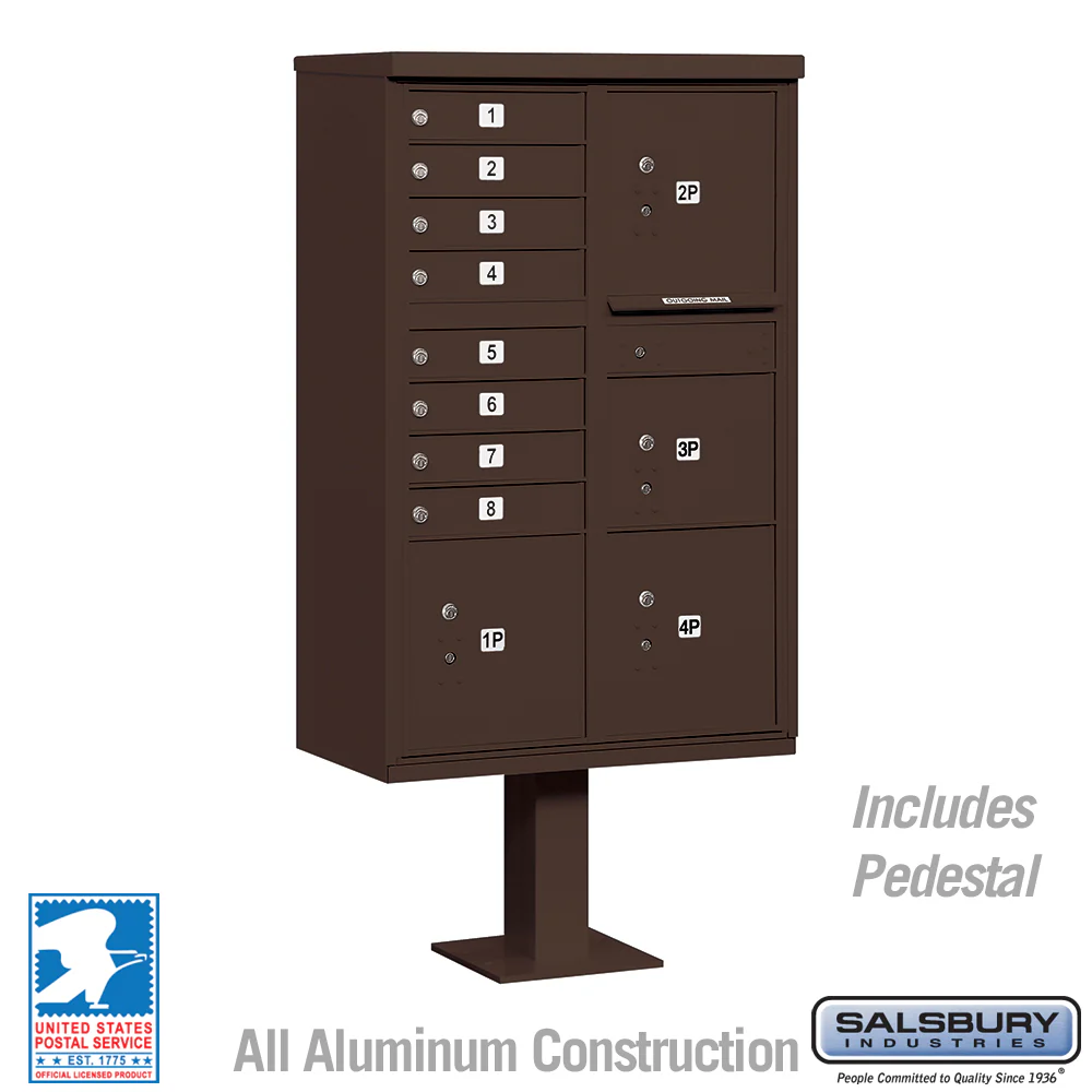 Cluster Box Unit with 8 Doors and Parcel Lockers in Bronze with USPS Access