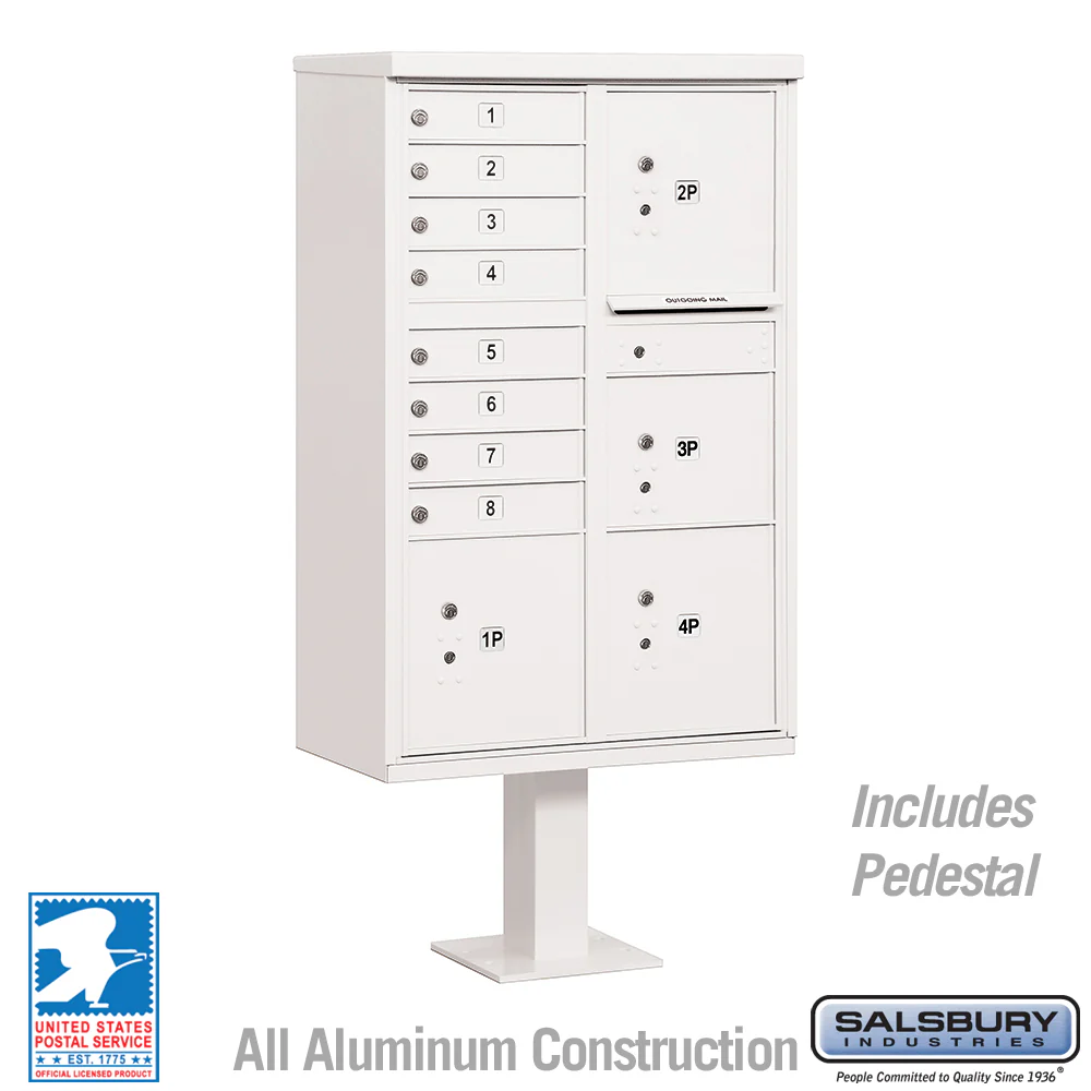 Cluster Box Unit with 8 Doors and Parcel Lockers in White with USPS Access