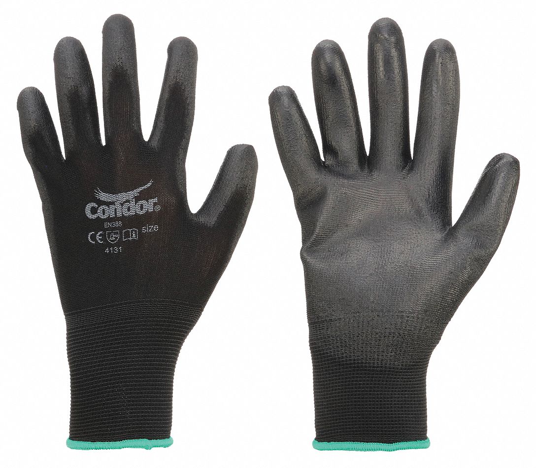 CONDOR Polyurethane Coated Gloves - ANSI Abrasion Level 3, Size 9, Black