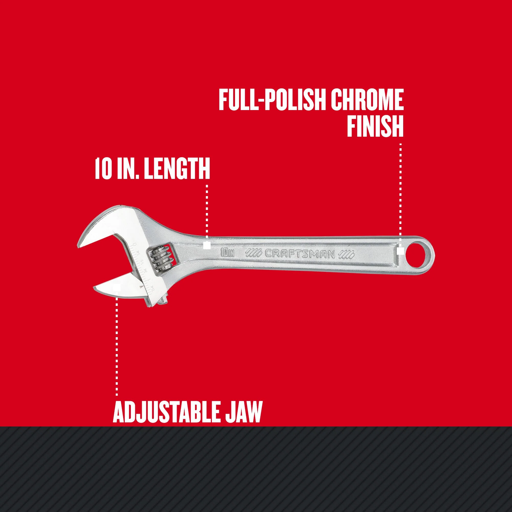 CRAFTSMAN 10-in Steel Adjustable Wrench, Full-Polish Chrome, Individual - Image 2