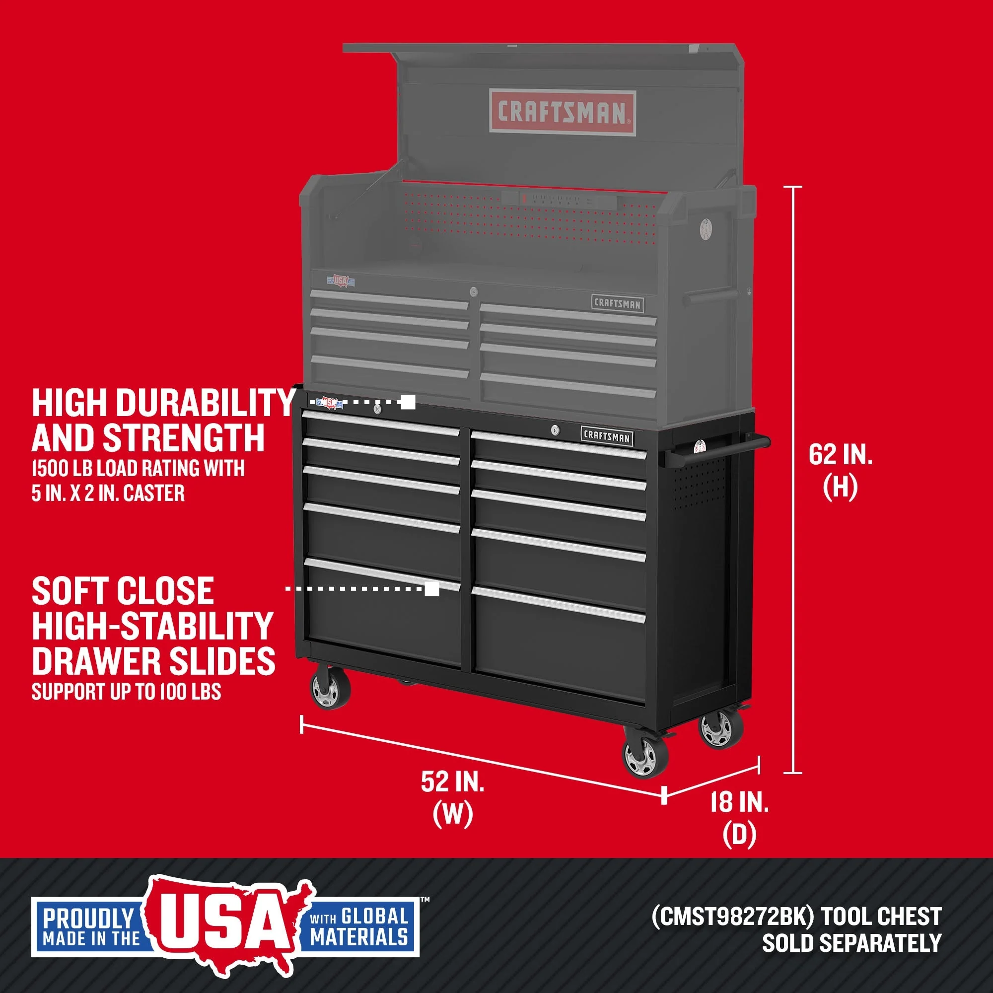CRAFTSMAN 2000 Series 10-Drawer Steel Rolling Tool Cabinet, Black - Image 2