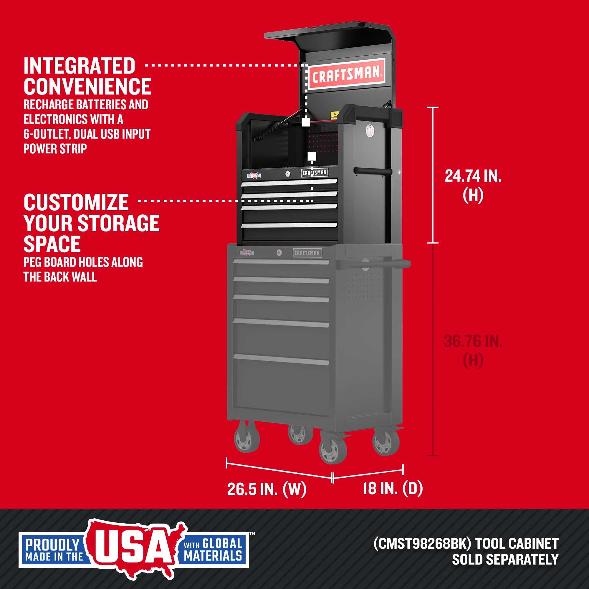 CRAFTSMAN 2000 Series 26.68-in W x 24.7-in H x 16.32-in D 4-Drawer Steel Tool Chest (Black) - Image 2