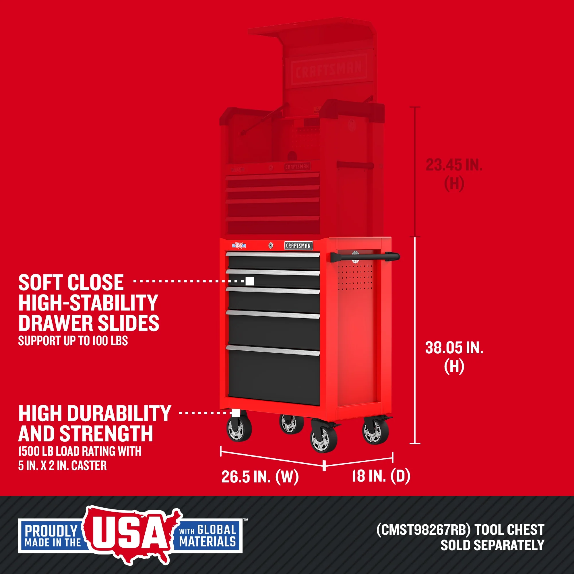 CRAFTSMAN 2000 Series 26-in W x 36.5-in H 5-Drawer Steel Rolling Tool Cabinet (Red) - Image 2