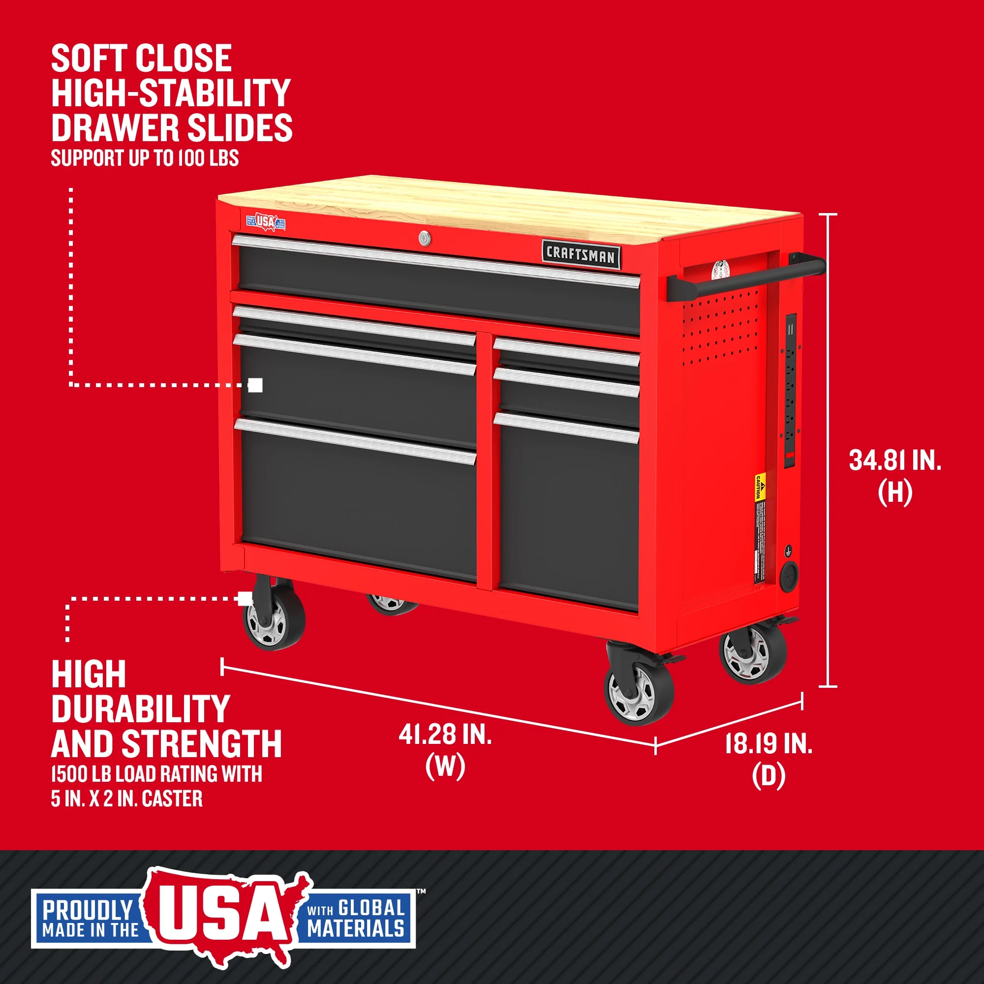 CRAFTSMAN 2000 Series 40.6-in L x 34-in H 7-Drawer Rolling Red Wood Work Bench - Image 2