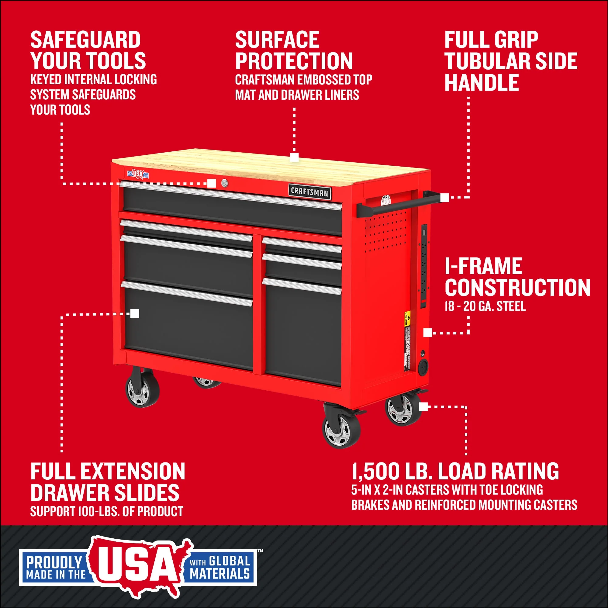 CRAFTSMAN 2000 Series 40.6-in L x 34-in H 7-Drawer Rolling Red Wood Work Bench - Image 3