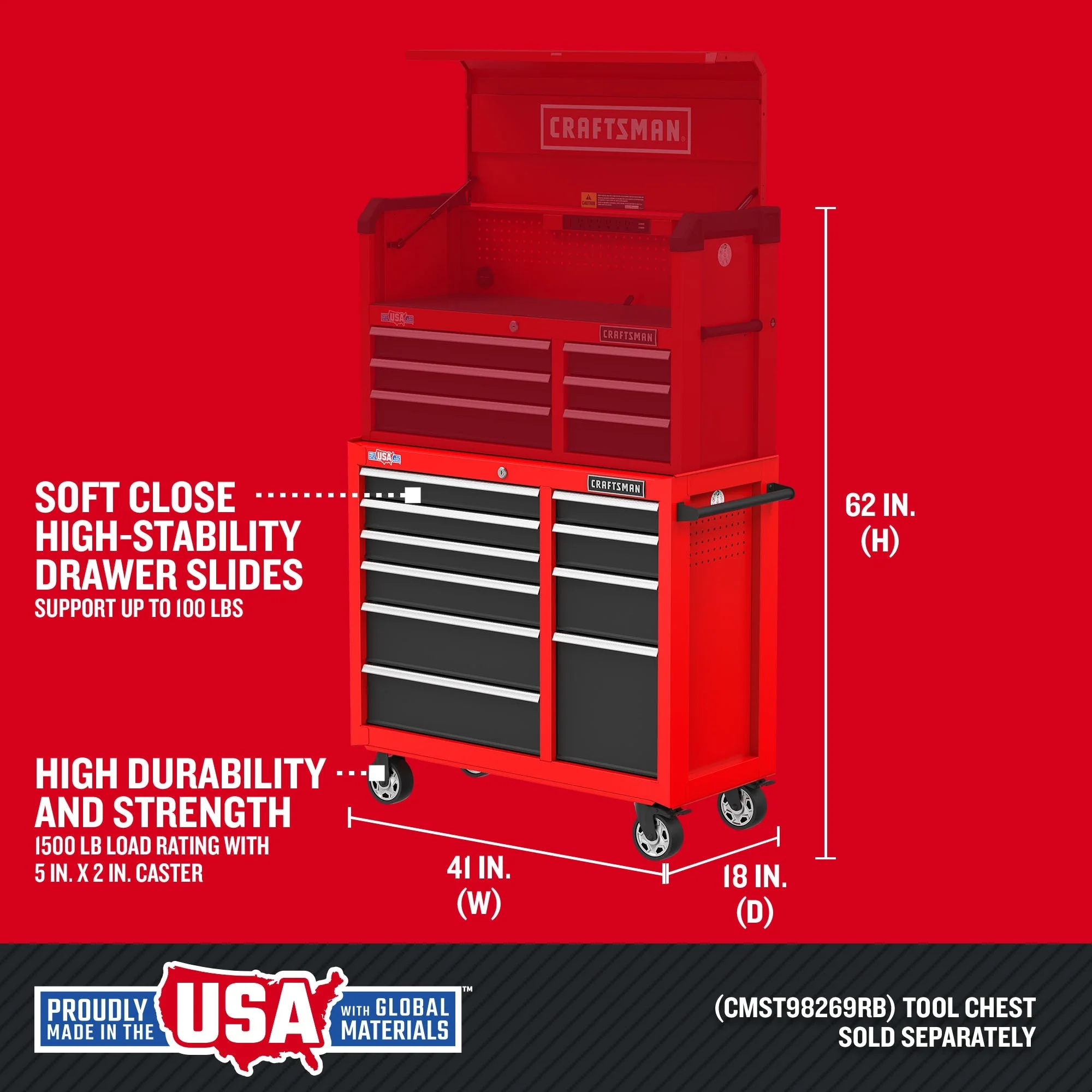 CRAFTSMAN 2000 Series 41-Inch 10-Drawer Steel Rolling Tool Cabinet - Red - Image 2