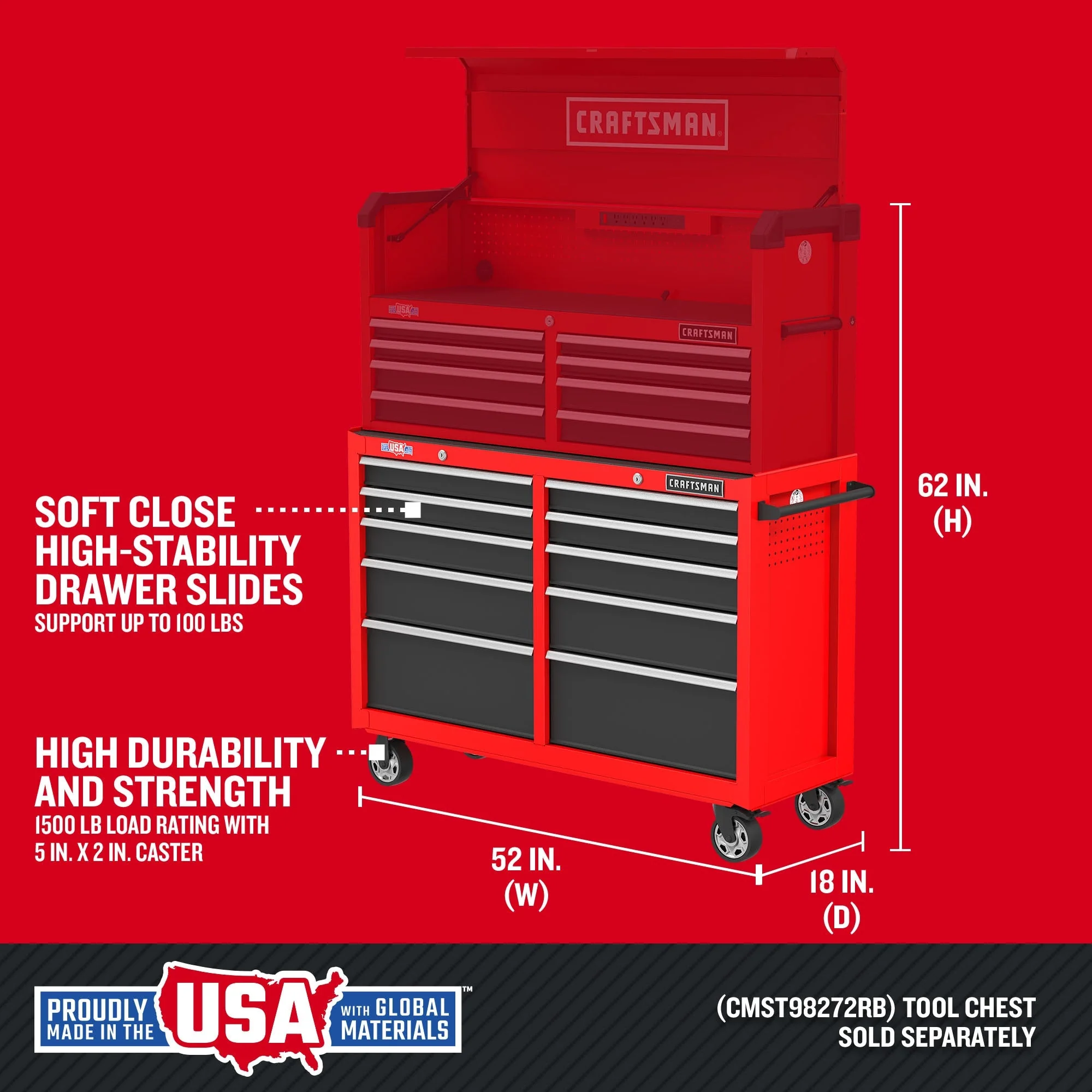 CRAFTSMAN 2000 Series 52-Inch 10-Drawer Steel Rolling Tool Cabinet - Red - Image 2