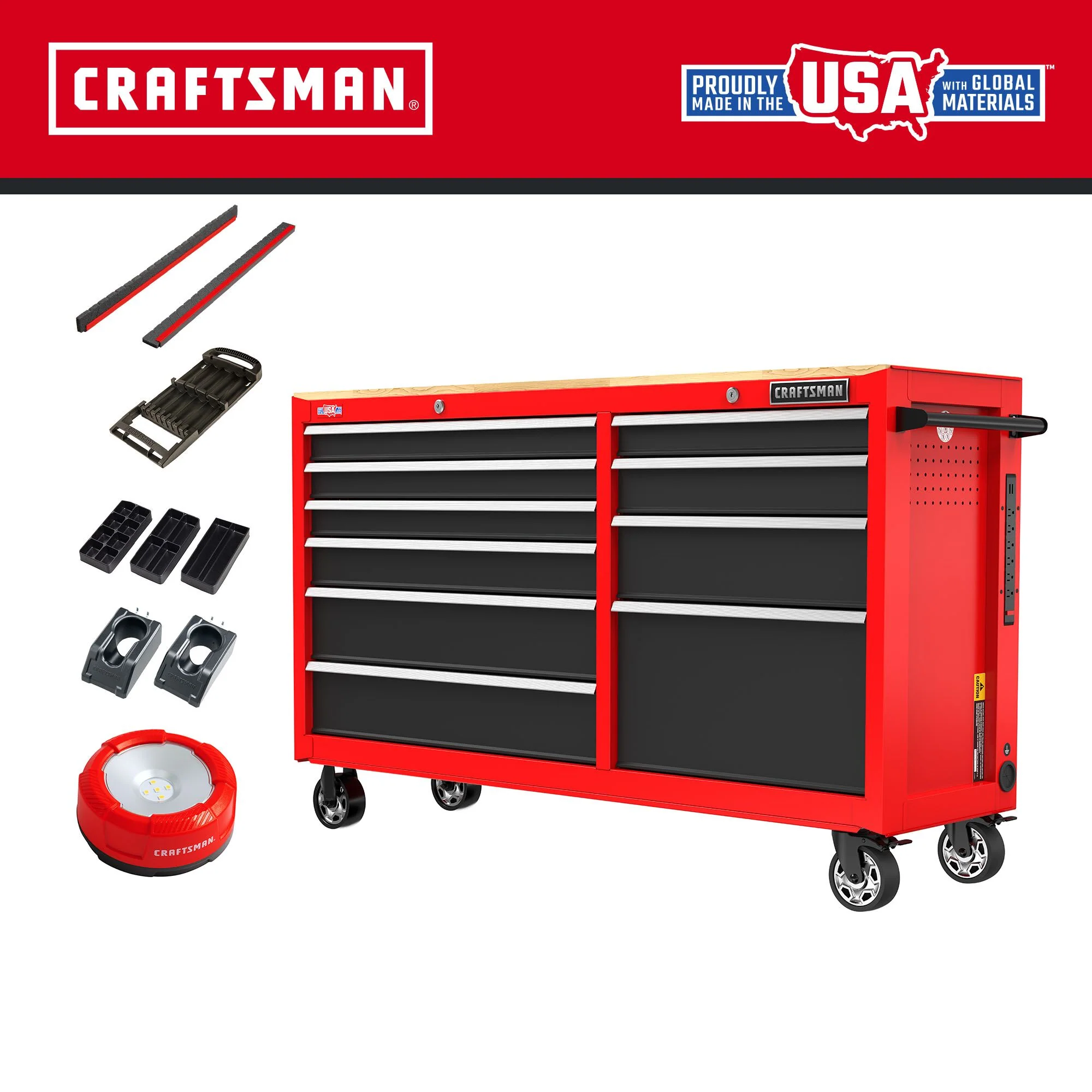 CRAFTSMAN 2000 Series 61.8-in L x 37.5-in H 10-Drawer Rolling Red Wood Work Bench with Power Strip and Accessories - Image 2