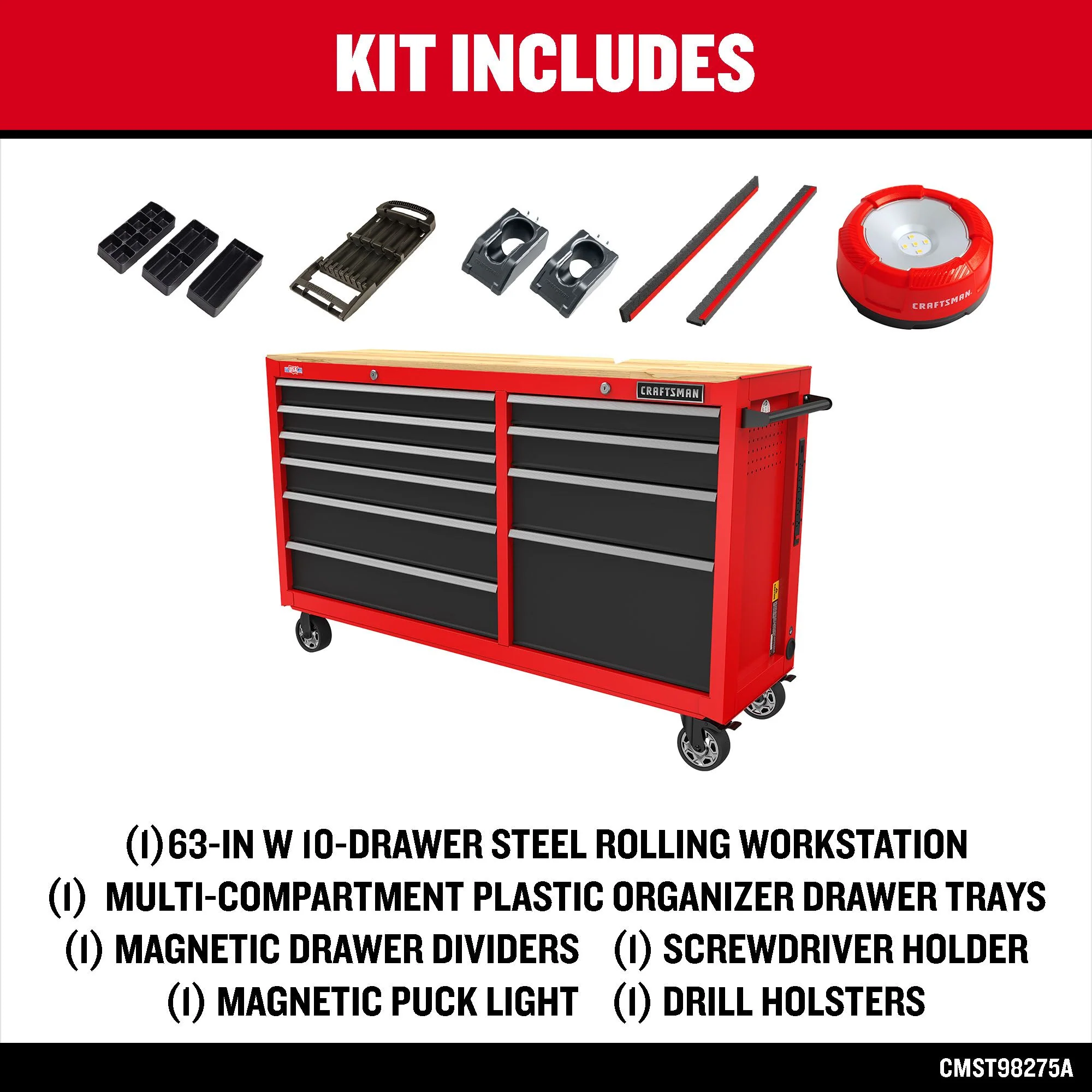 CRAFTSMAN 2000 Series 61.8-in L x 37.5-in H 10-Drawer Rolling Red Wood Work Bench with Power Strip and Accessories - Image 3