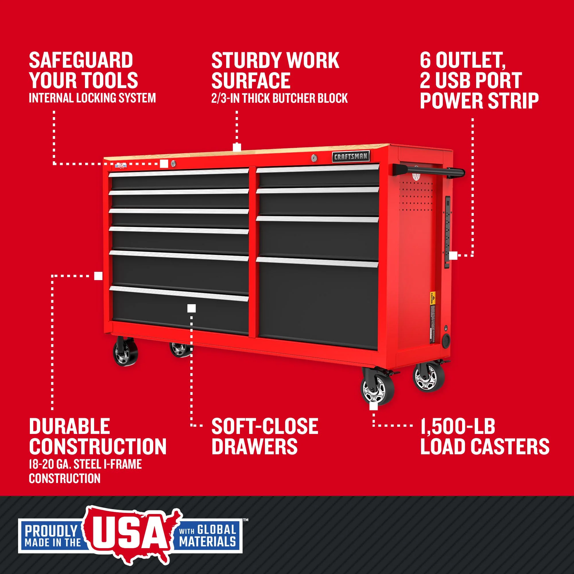 CRAFTSMAN 2000 Series 61.8-in L x 37.5-in H 10-Drawer Rolling Red Wood Work Bench with Power Strip and Accessories - Image 4