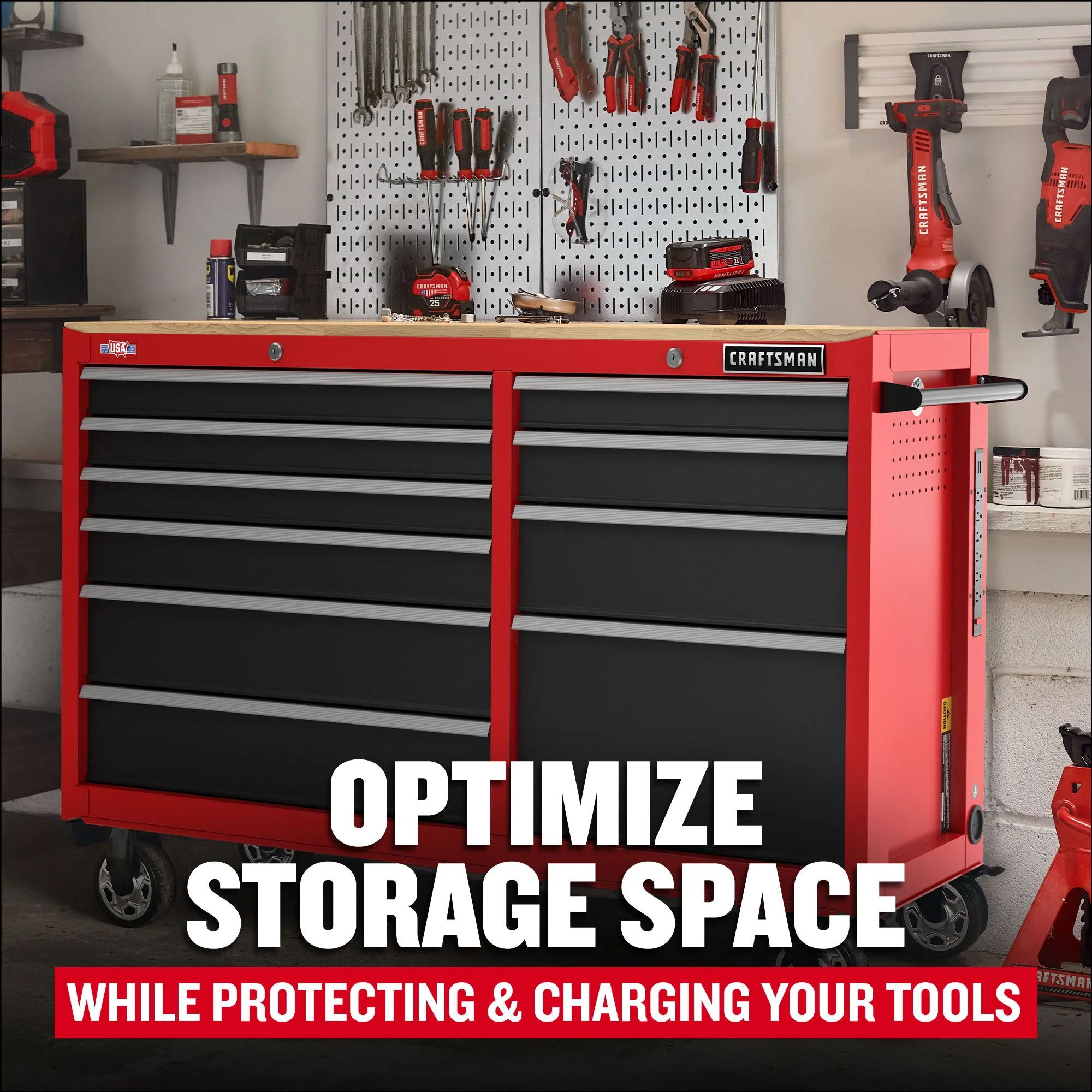 CRAFTSMAN 2000 Series 61.8-in L x 37.5-in H 10-Drawer Rolling Red Wood Work Bench with Power Strip and Accessories - Image 5