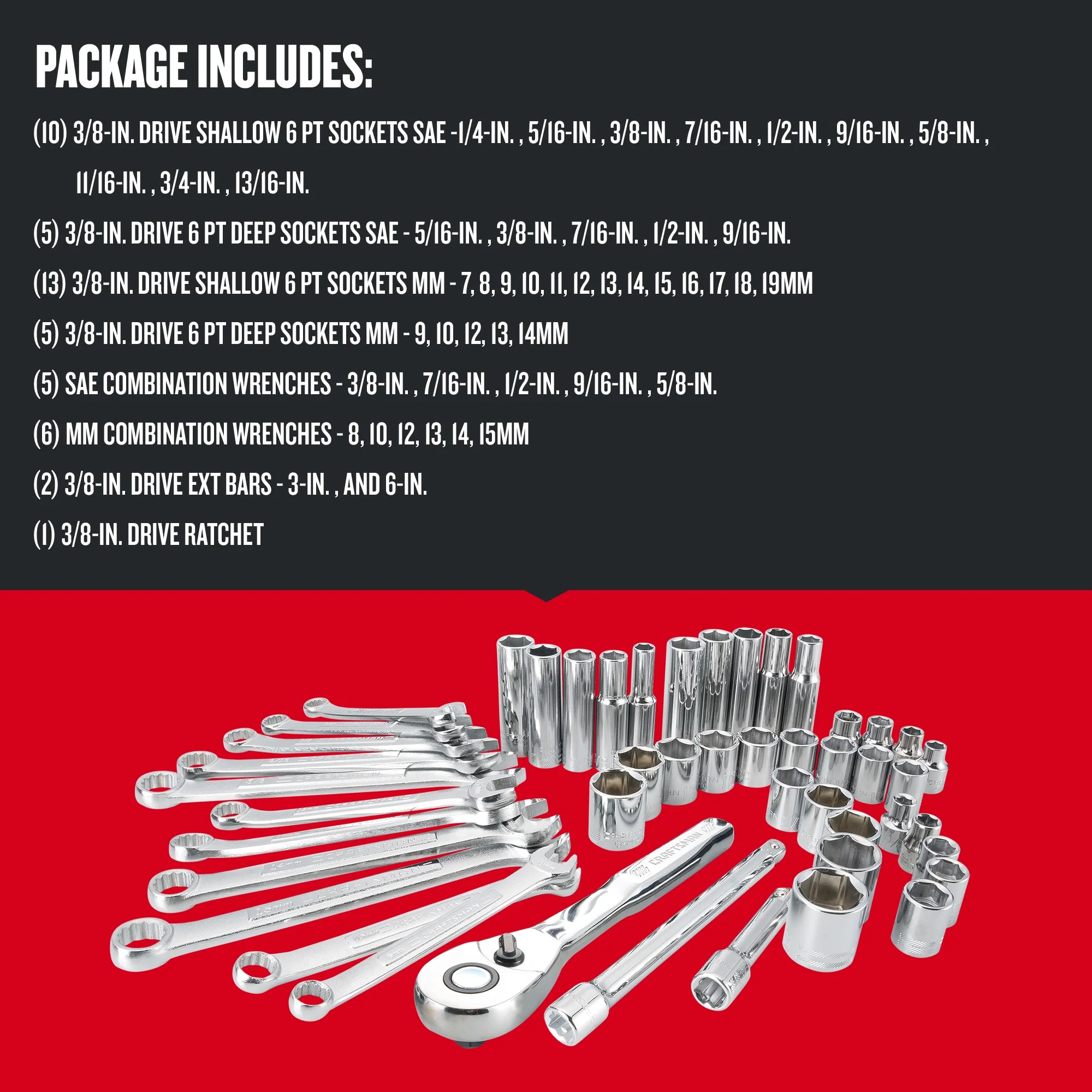 CRAFTSMAN 47-Piece SAE/Metric Polished Chrome Mechanics Tool Set with Soft Case, 3/8-in Drive - Image 2