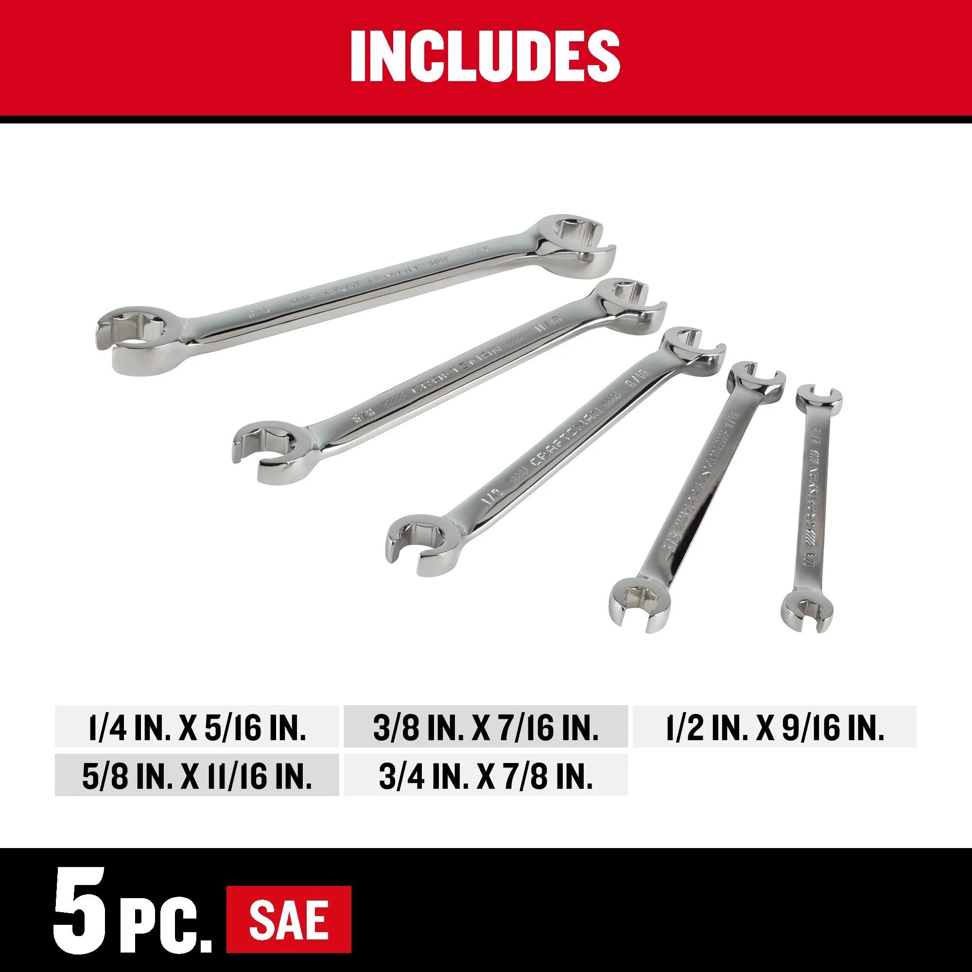 CRAFTSMAN 5-Piece 6-Point Standard (SAE) Flare Nut Open-End Wrench Set, Includes Hard Case - Image 2