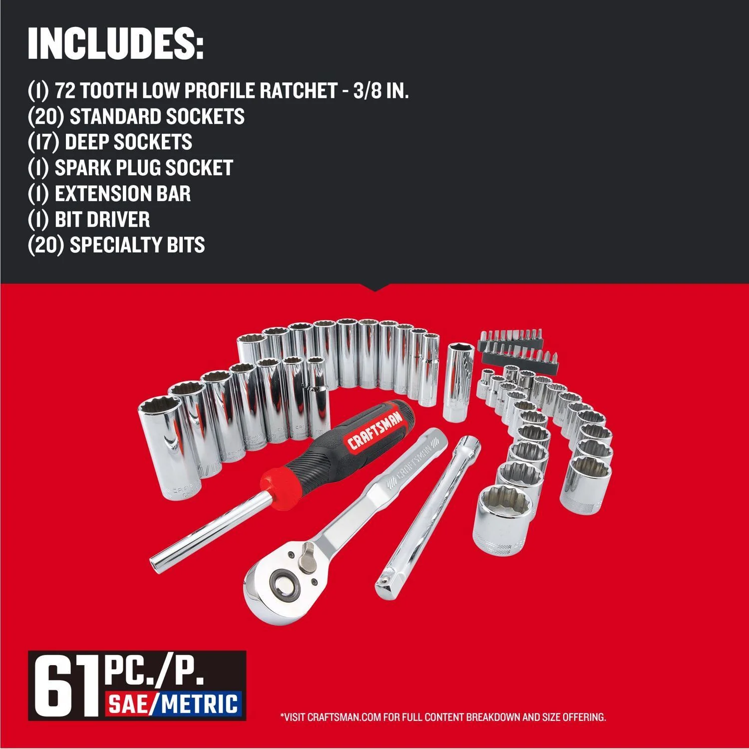 Craftsman 61-Piece 3/8" Drive Metric and SAE Mechanics Tool Set - Image 3