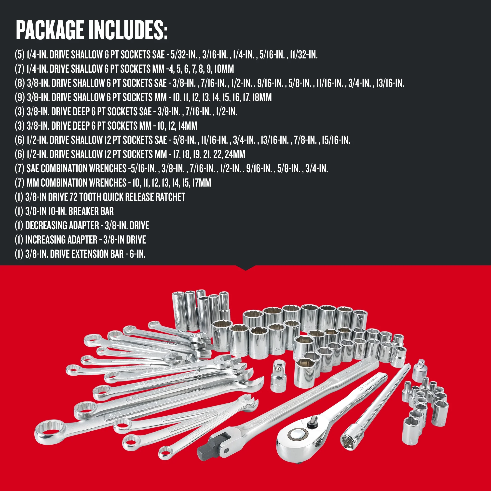 CRAFTSMAN 66-Piece Standard (SAE) and Metric Combination Polished Chrome Mechanics Tool Set with Soft Case - Image 3