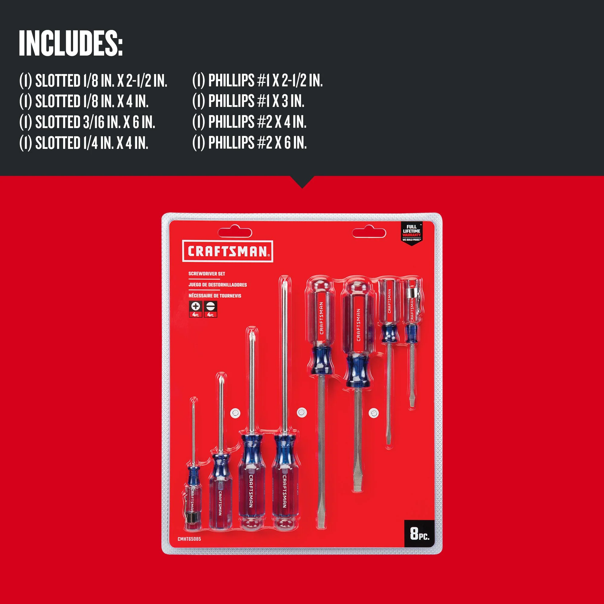 CRAFTSMAN 8-Piece Acetate Handle Screwdriver Set, Phillips & Slotted, 2.5–6 in Shafts - Image 3