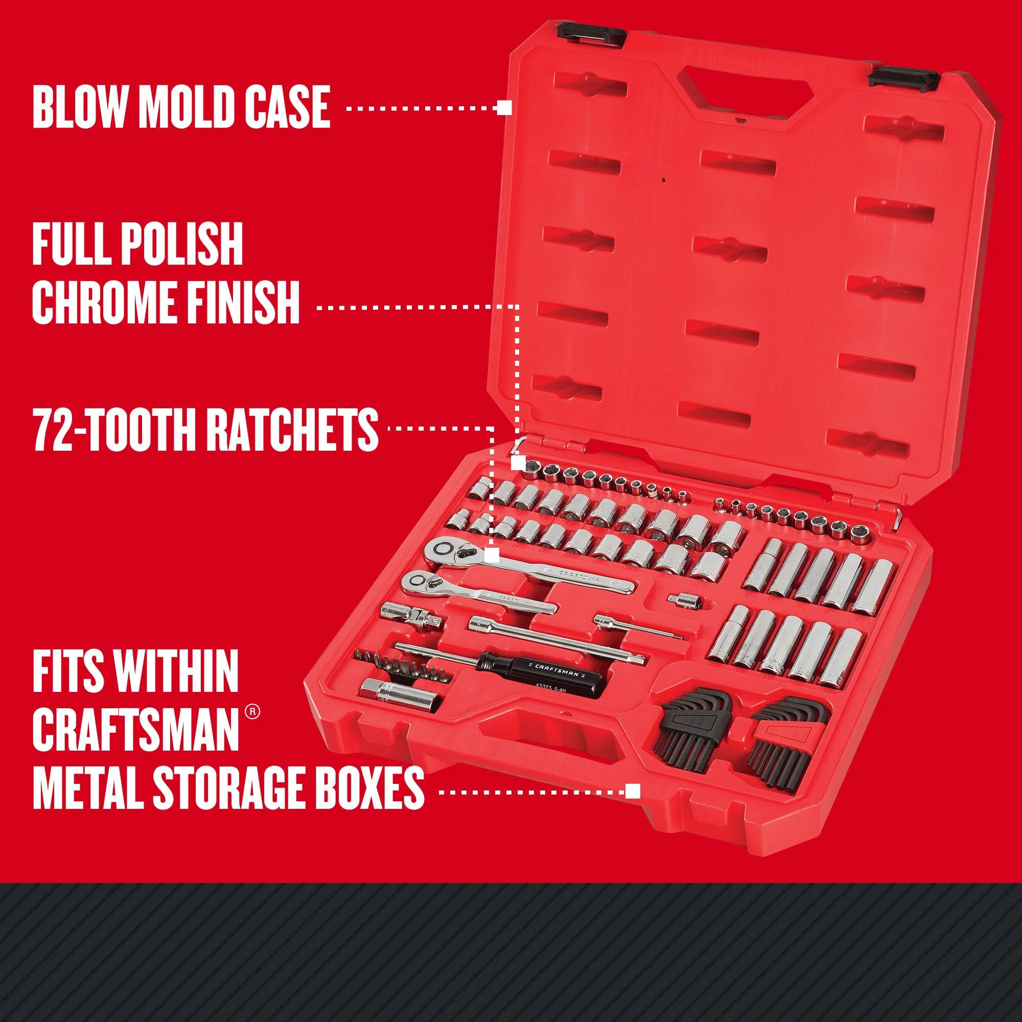 CRAFTSMAN 83-Piece Standard (SAE) and Metric Combination Polished Chrome Mechanics Tool Set with Hard Case - Image 3