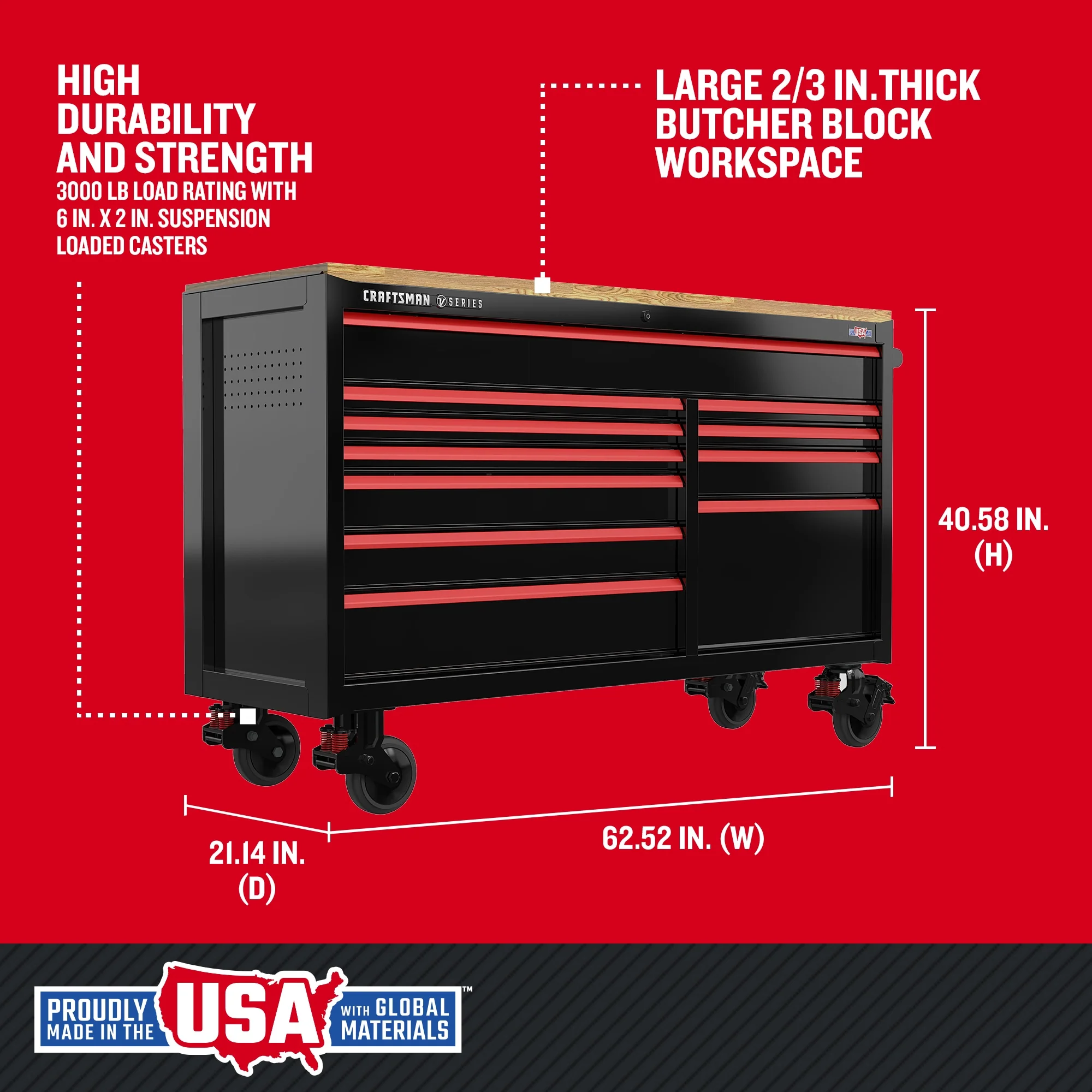 CRAFTSMAN V-Series 63-in W x 40-in H 11-Drawer Steel Rolling Tool Cabinet (Black) - Image 2