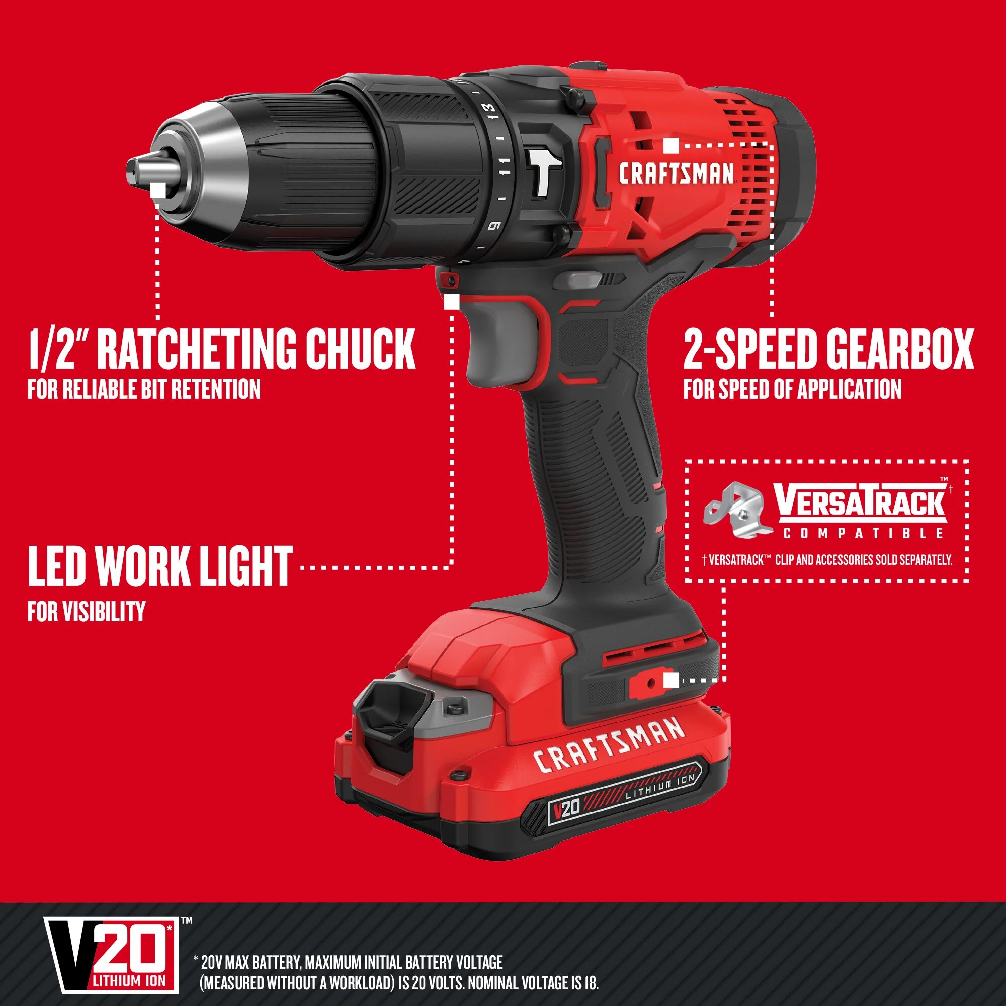 CRAFTSMAN V20 1/2-in 20-Volt Max Variable Speed Cordless Hammer Drill (2 Batteries Included) - Image 3