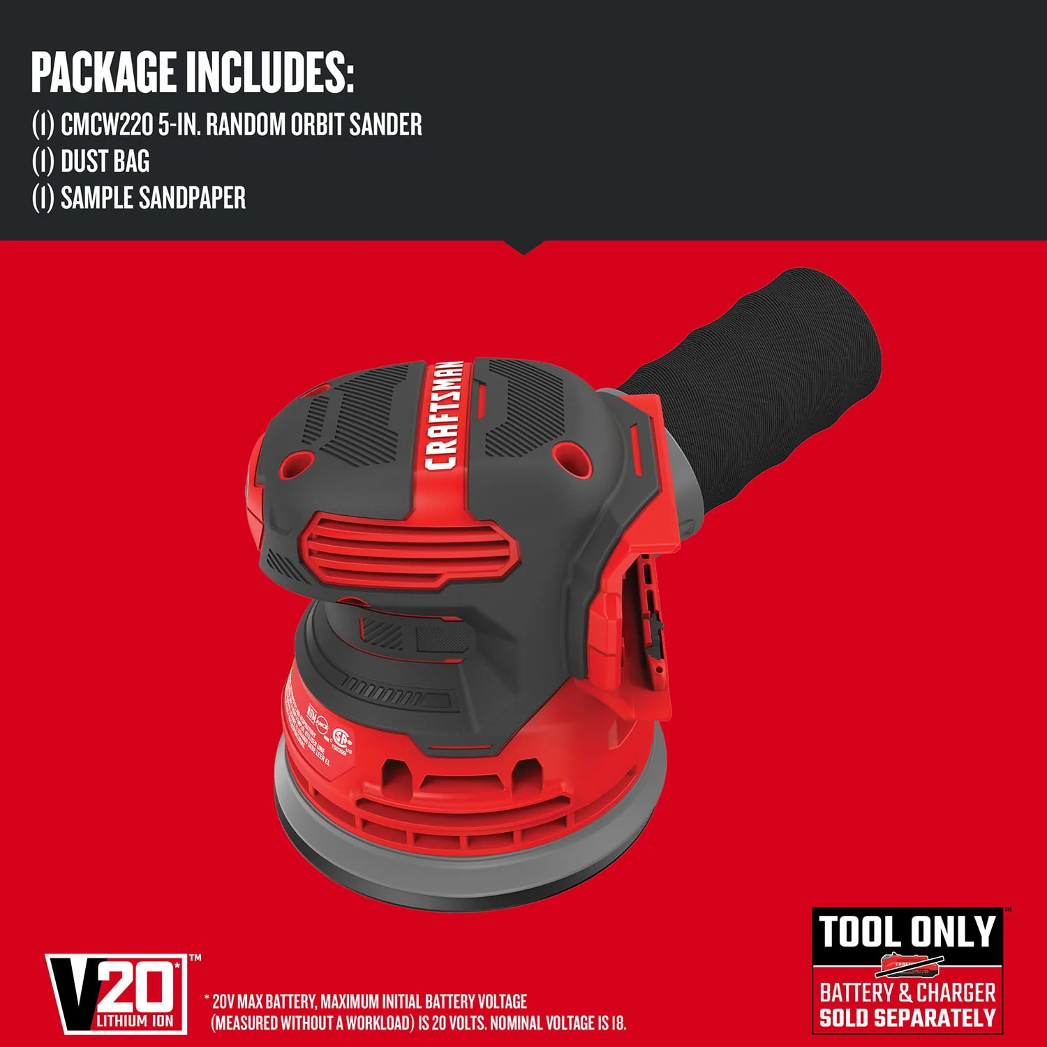 CRAFTSMAN V20 20-Volt Cordless Random Orbital Sander, 5-Inch (Tool Only) - Image 2