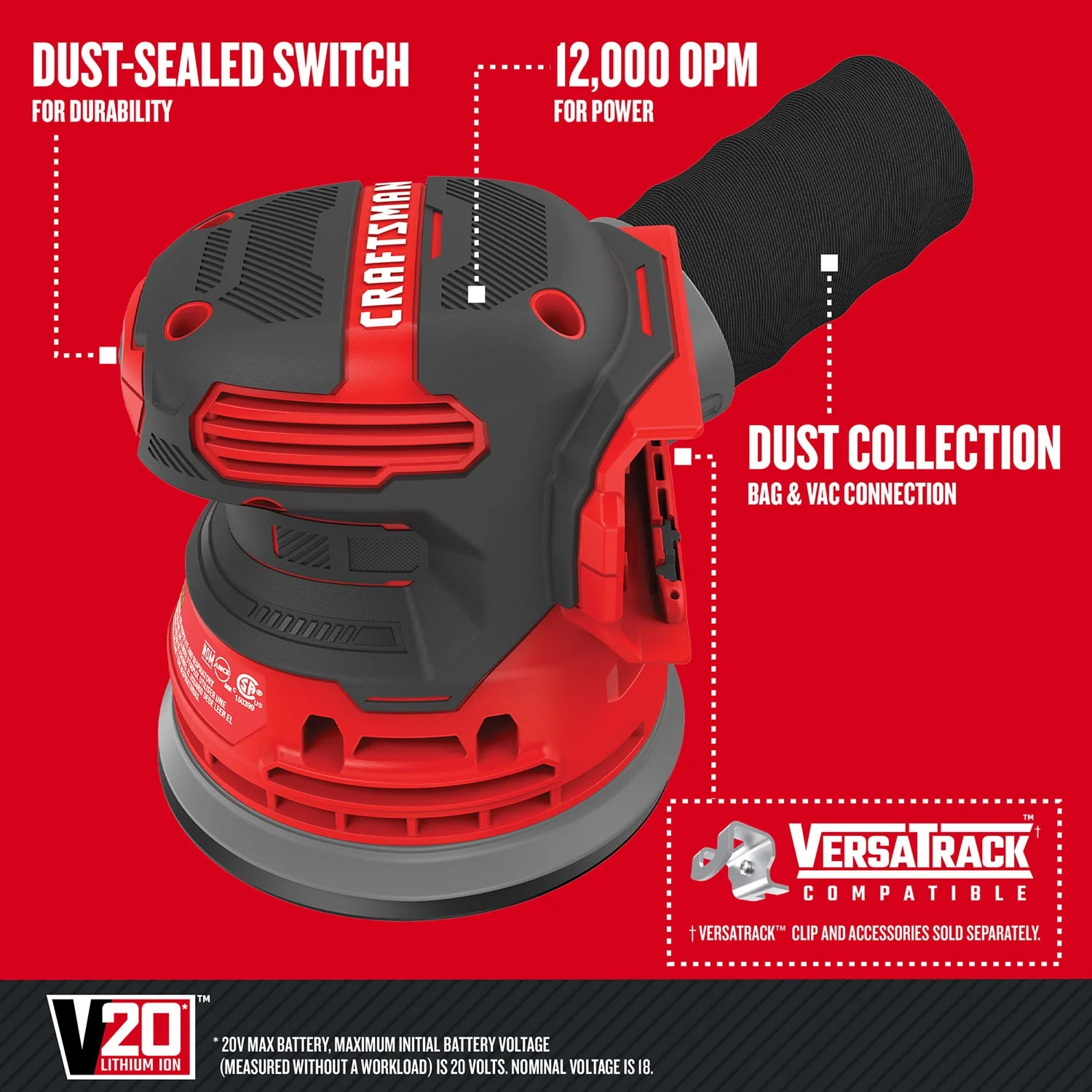 CRAFTSMAN V20 20-Volt Cordless Random Orbital Sander, 5-Inch (Tool Only) - Image 3