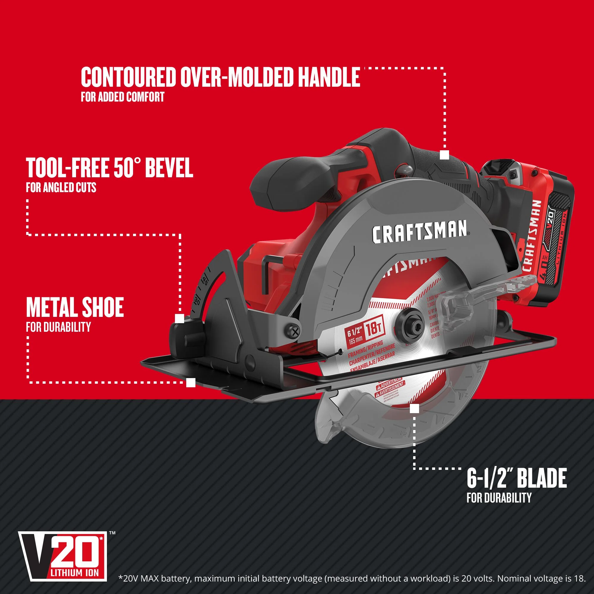 CRAFTSMAN V20 20-Volt Max 6-1/2-in Cordless Circular Saw with Brake and Metal Shoe, Kit with Battery & Charger - Image 2
