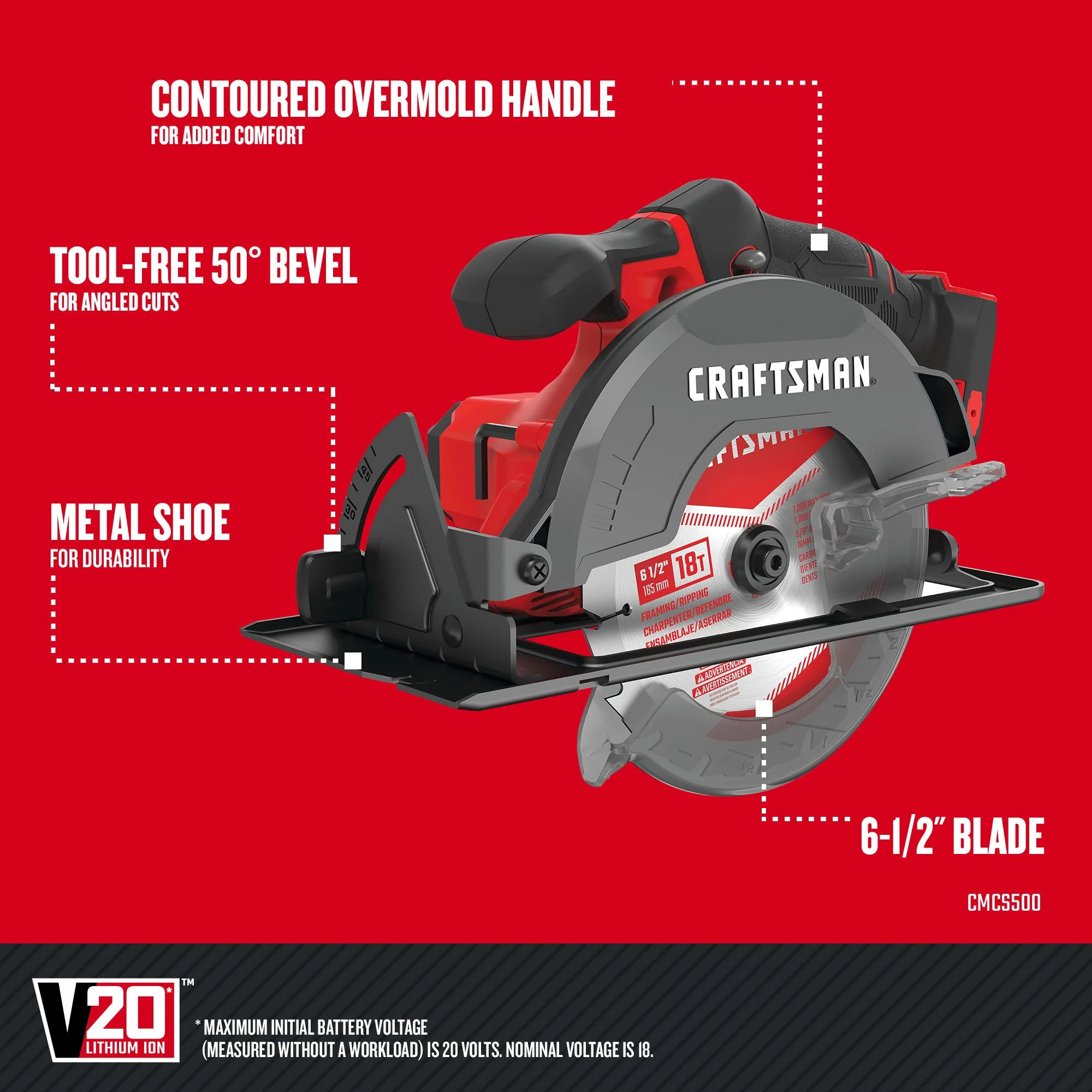 CRAFTSMAN V20 20-Volt Max 6-1/2-in Cordless Circular Saw with Brake and Metal Shoe, Tool Only - Image 2