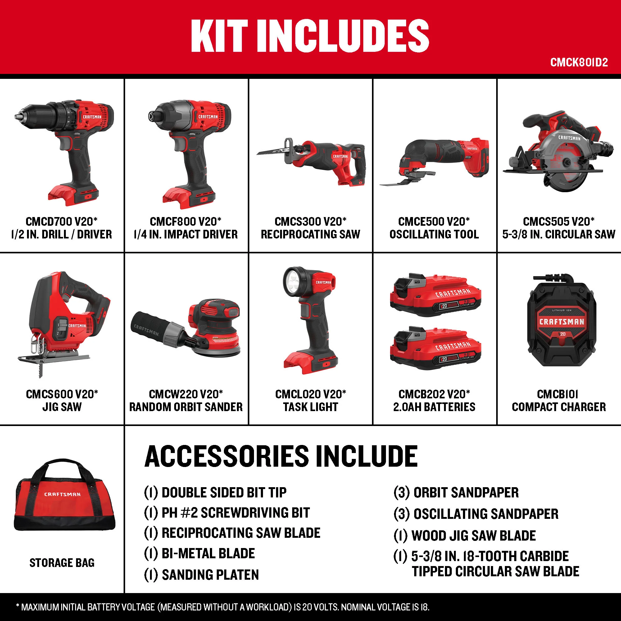 CRAFTSMAN V20 20-Volt Max 8-Tool Cordless Power Tool Combo Kit with Soft Case, Charger and (2) 2.0Ah Batteries - CMCK801D2 - Image 2